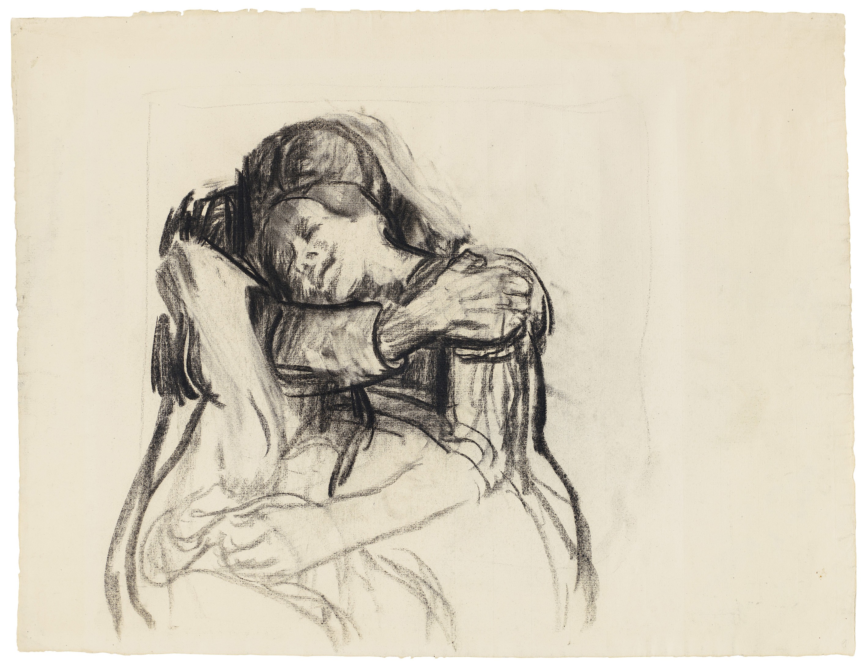 Käthe Kollwitz, Umschlungene, um 1909/10, Kohle, teils gewischt, auf gelblichem Bütten, 480 x 630 mm, NT (559a), Kollwitz Museum Köln, Inv. Nr. 70200/03003.