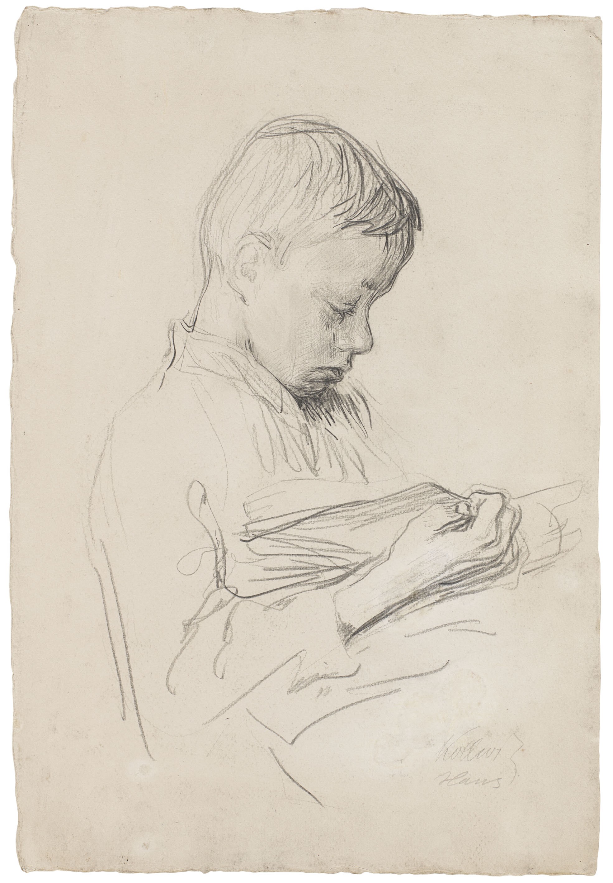 Käthe Kollwitz, Hans Kollwitz lesend, im Profil nach rechts, um 1903/04, Bleistift auf strukturiertem Papier, 538 x 368 mm, NT 267, Kollwitz Museum Köln, Inv. Nr. 70200/89010.