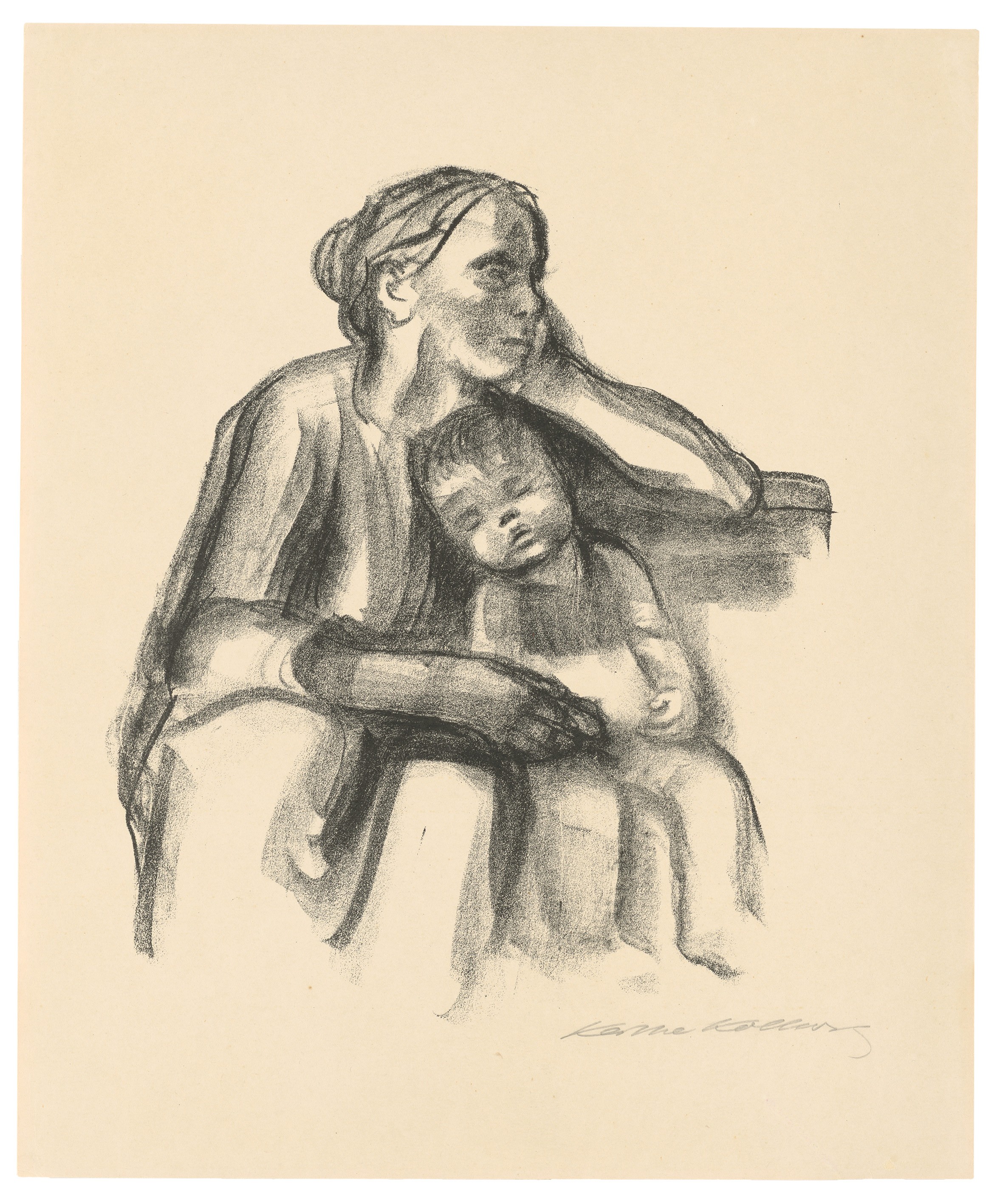 Käthe Kollwitz, Arbeiterfrau mit schlafendem Jungen, 1927, Kreidelithografie (Umdruck), 390 x 330 mm, Kn 234 I c, Kollwitz Museum Köln, Inv. Nr. 70300/90014.