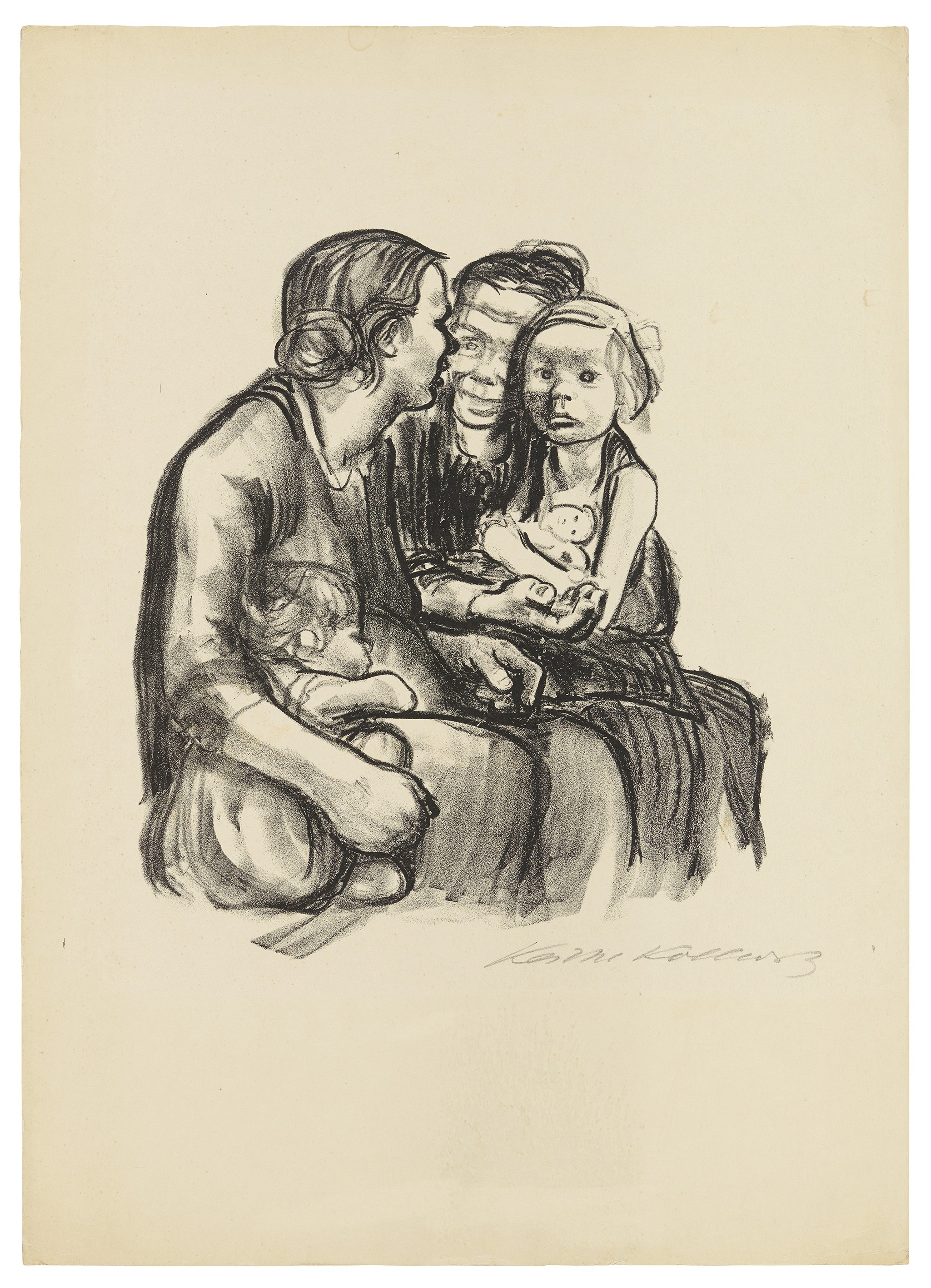 Käthe Kollwitz, Zwei schwatzende Frauen mit zwei Kindern, endgültige Fassung, 1930, Kreidelithografie (Umdruck), 298 x 260 mm, Kn 250 c, Kollwitz Museum Köln, Inv. Nr. 70300/84048.