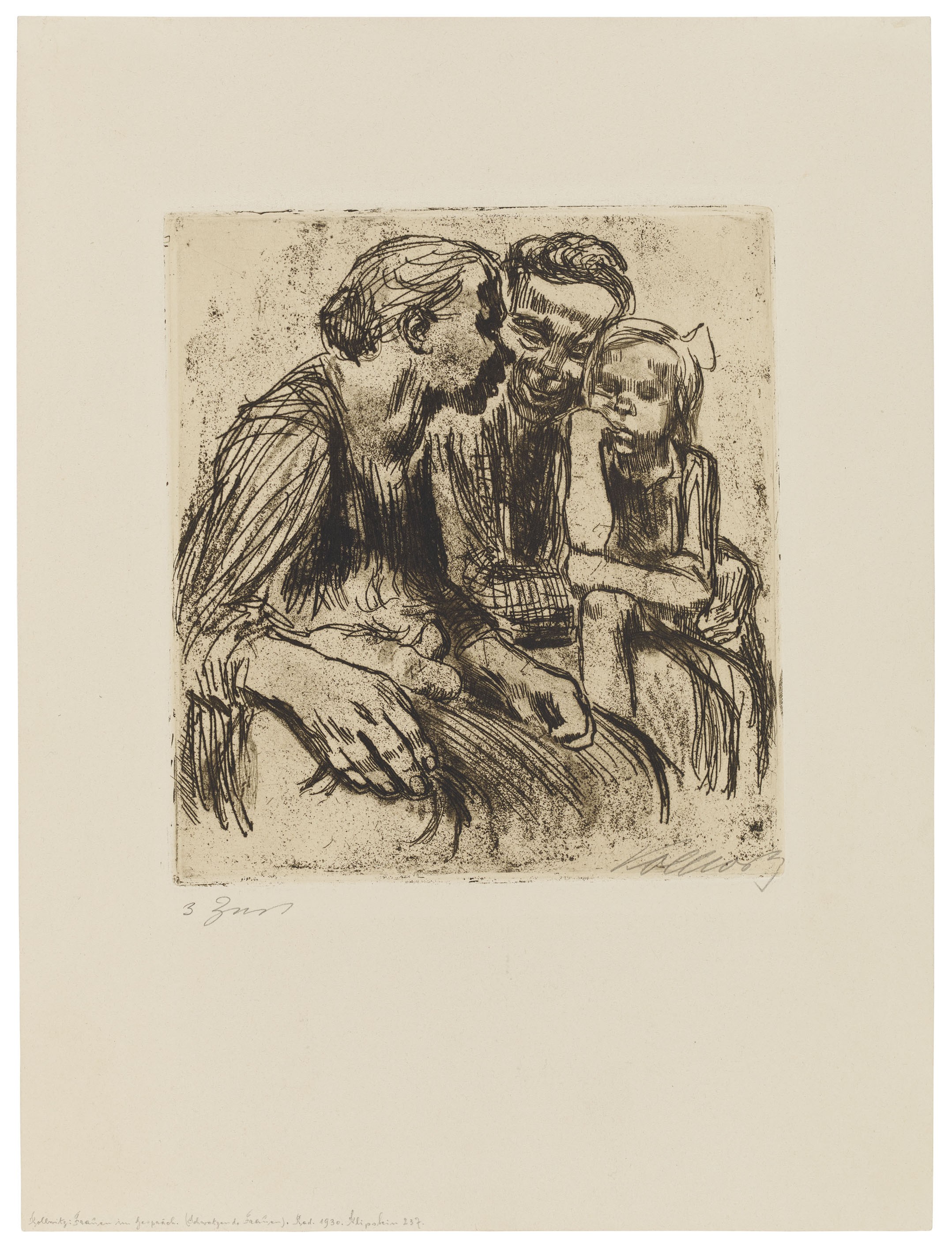 Käthe Kollwitz, Zwei schwatzende Frauen mit zwei Kindern, verworfene Fassung, 1928, Strichätzung, Aquatinta und Schmirgel, 220 x 201 mm, Kn 243 III, Kollwitz Museum Köln, Inv. Nr. 70300/07002.