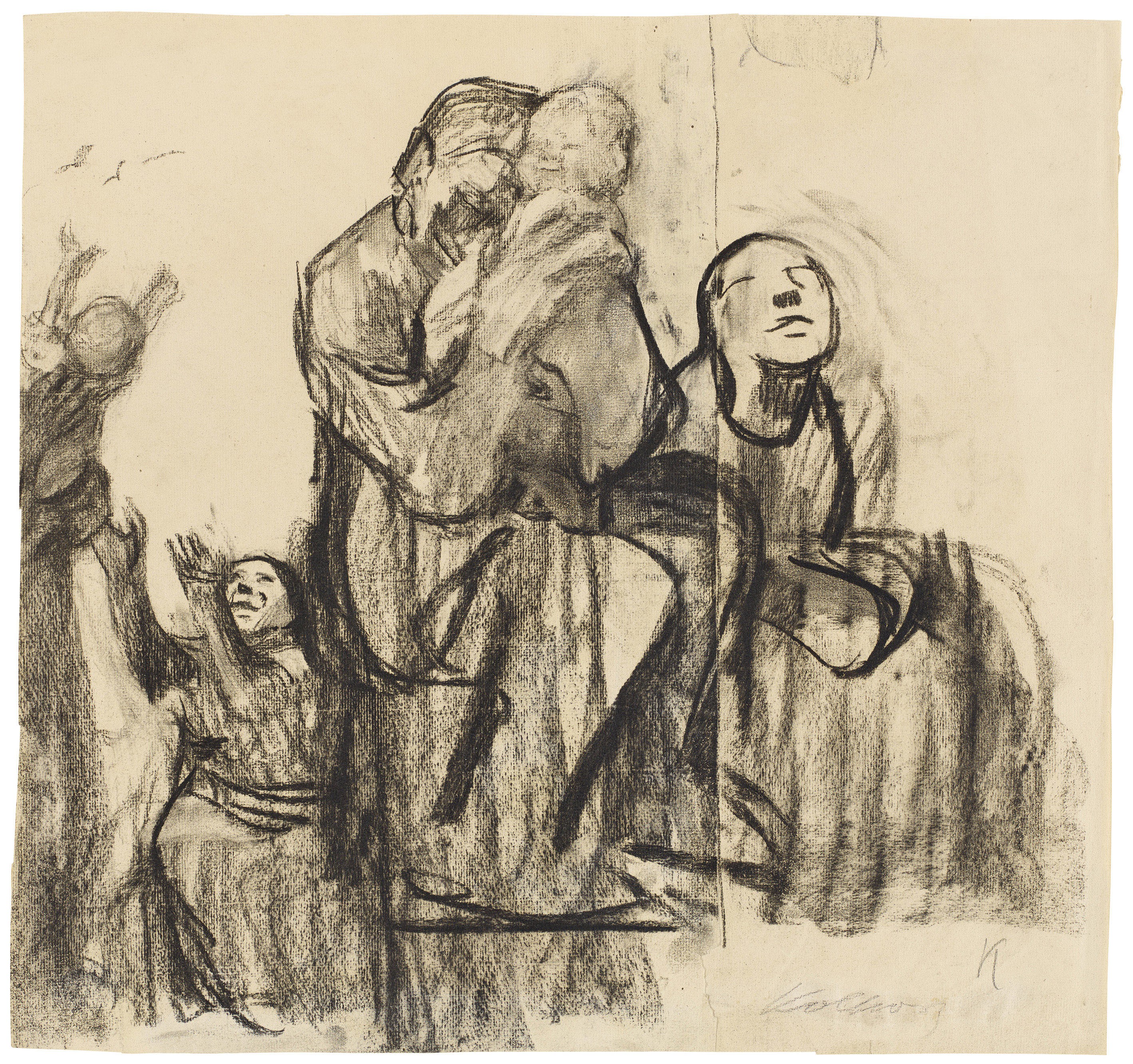 Käthe Kollwitz, Familiengruppe, um 1928, Kohle, gewischt, auf Ingres-Bütten, 515 x 482 mm, NT 1184, Kollwitz Museum Köln, Inv. Nr. 70200/02030.