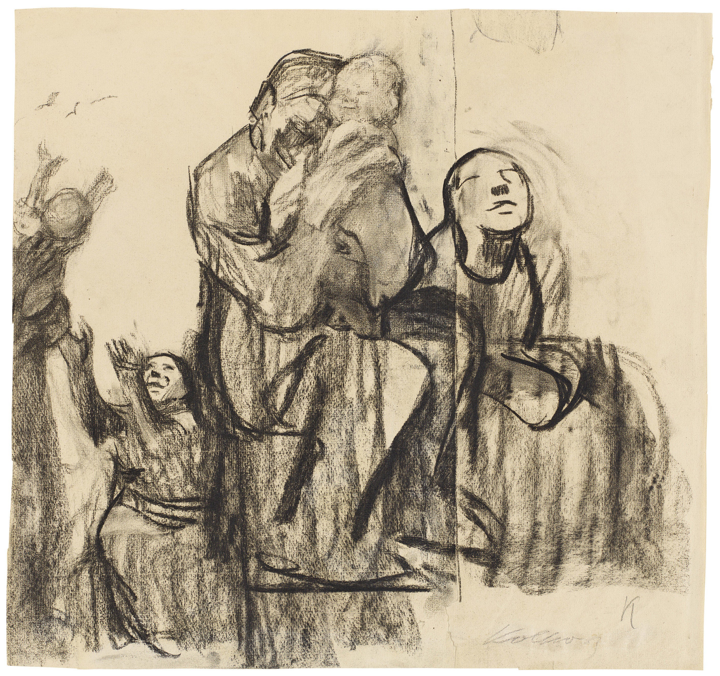 Käthe Kollwitz, Familiengruppe, um 1928, Kohle, gewischt, auf Ingres-Bütten, 515 x 482 mm, NT 1184, Kollwitz Museum Köln, Inv. Nr. 70200/02030.