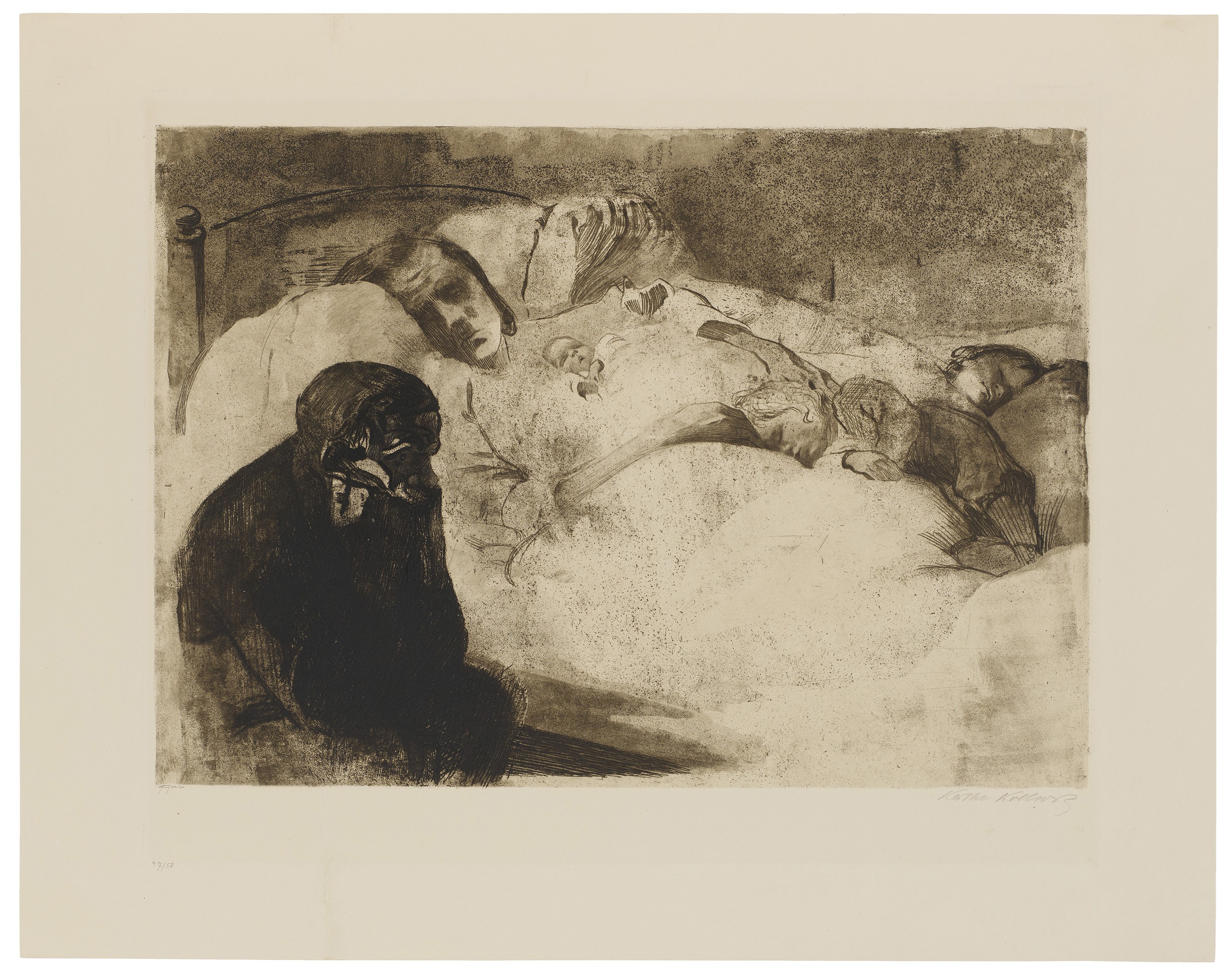 Käthe Kollwitz, Arbeitslosigkeit, 1909, Strichätzung, Kaltnadel, Aquatinta, Schmirgel und Vernis mou mit Durchdruck von Zieglerschem Umdruckpapier, 449 x 544 mm, Kn 104 VI d, Kollwitz Museum Köln, Inv. Nr. 70300/92009.