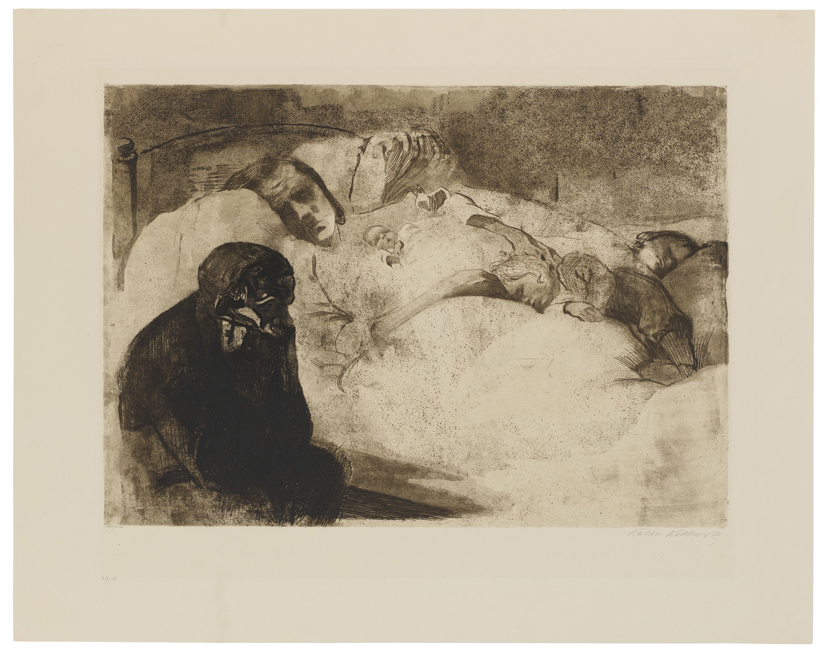 Käthe Kollwitz, Arbeitslosigkeit, 1909, Strichätzung, Kaltnadel, Aquatinta, Schmirgel und Vernis mou mit Durchdruck von Zieglerschem Umdruckpapier, 449 x 544 mm, Kn 104 VI d, Kollwitz Museum Köln, Inv. Nr. 70300/92009.