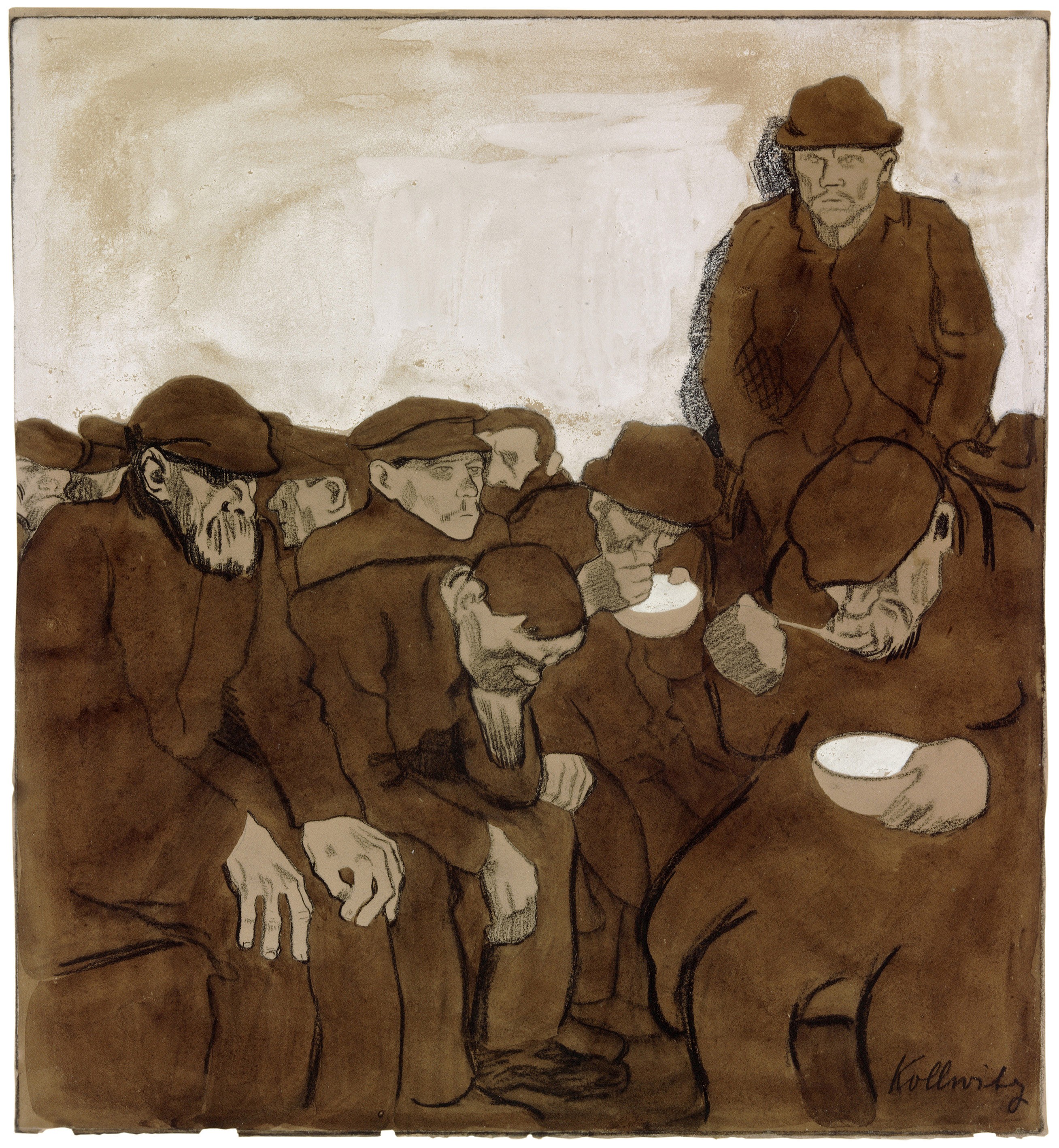 Käthe Kollwitz, Wärmehallen, 1908/09, Schwarze Kreide, Feder und Pinsel in Tusche und Sepia, auf olivgrünem Papier, der Hintergrund weiß gehöht, 422 x 389 mm, NT (469a), Kollwitz Museum Köln, Inv. Nr. 70200/92018.