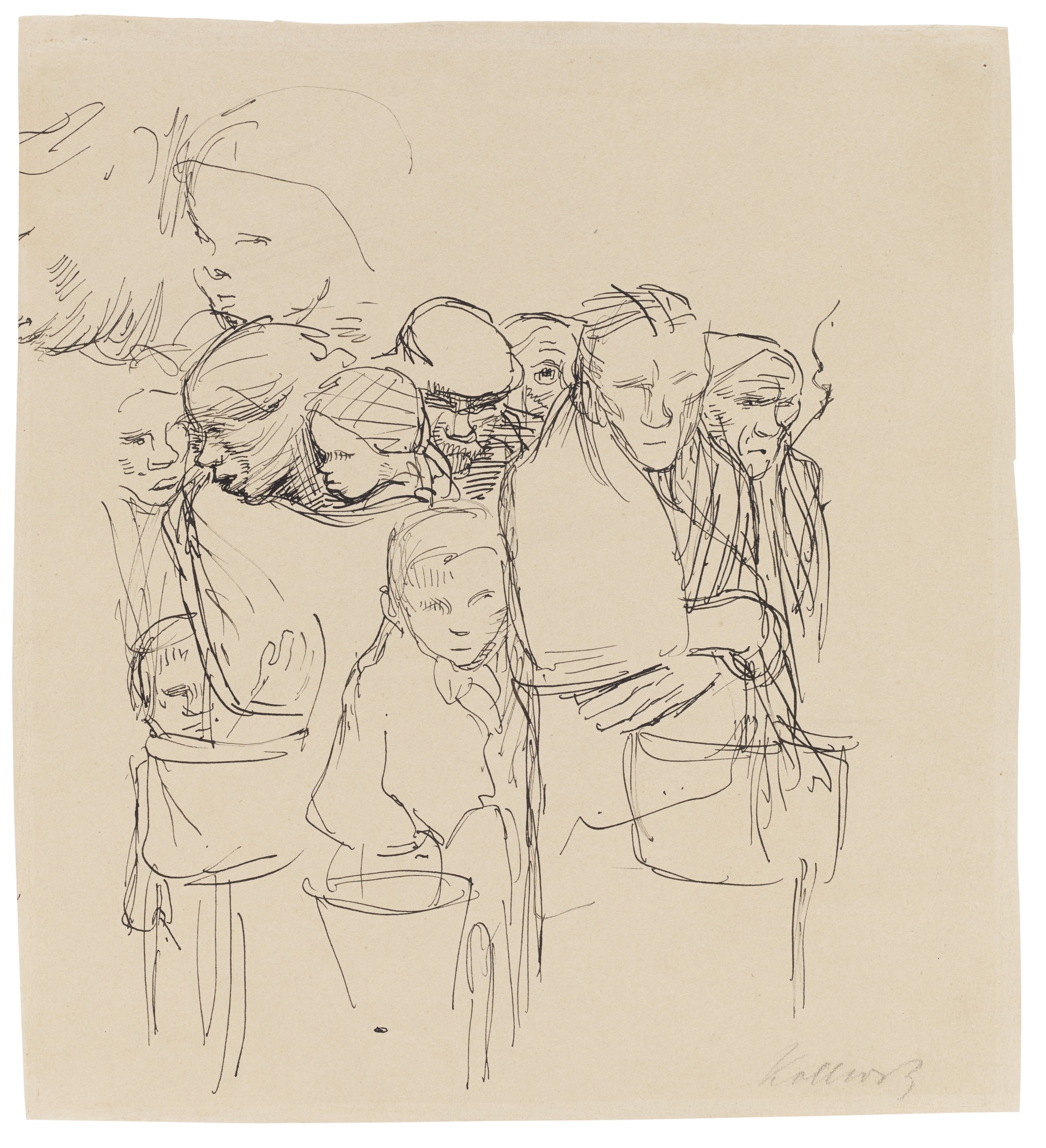 Käthe Kollwitz, Wartende Frauen und Kinder bei der Essensausgabe, 1918–19, Feder in Tusche auf festem Velin, 255 x 230 mm, NT (794a), Kollwitz Museum Köln, Inv. Nr. 70200/05019.