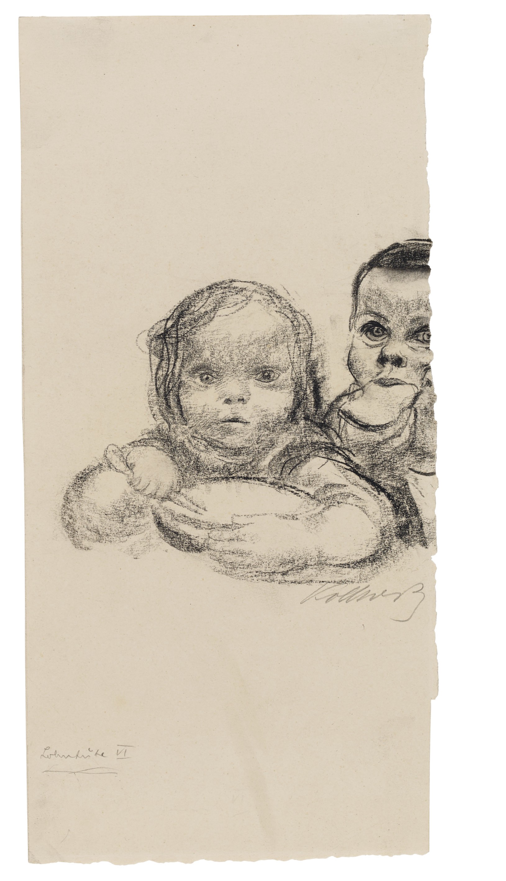 Käthe Kollwitz, Zwei Kinder beim Essen, um 1927/28, Kreide und Kohlezeichnung auf kartonstarkem Velin, 140 x 67 mm, NT (1149a), Kollwitz Museum Köln, Inv. Nr. 70200/07004.