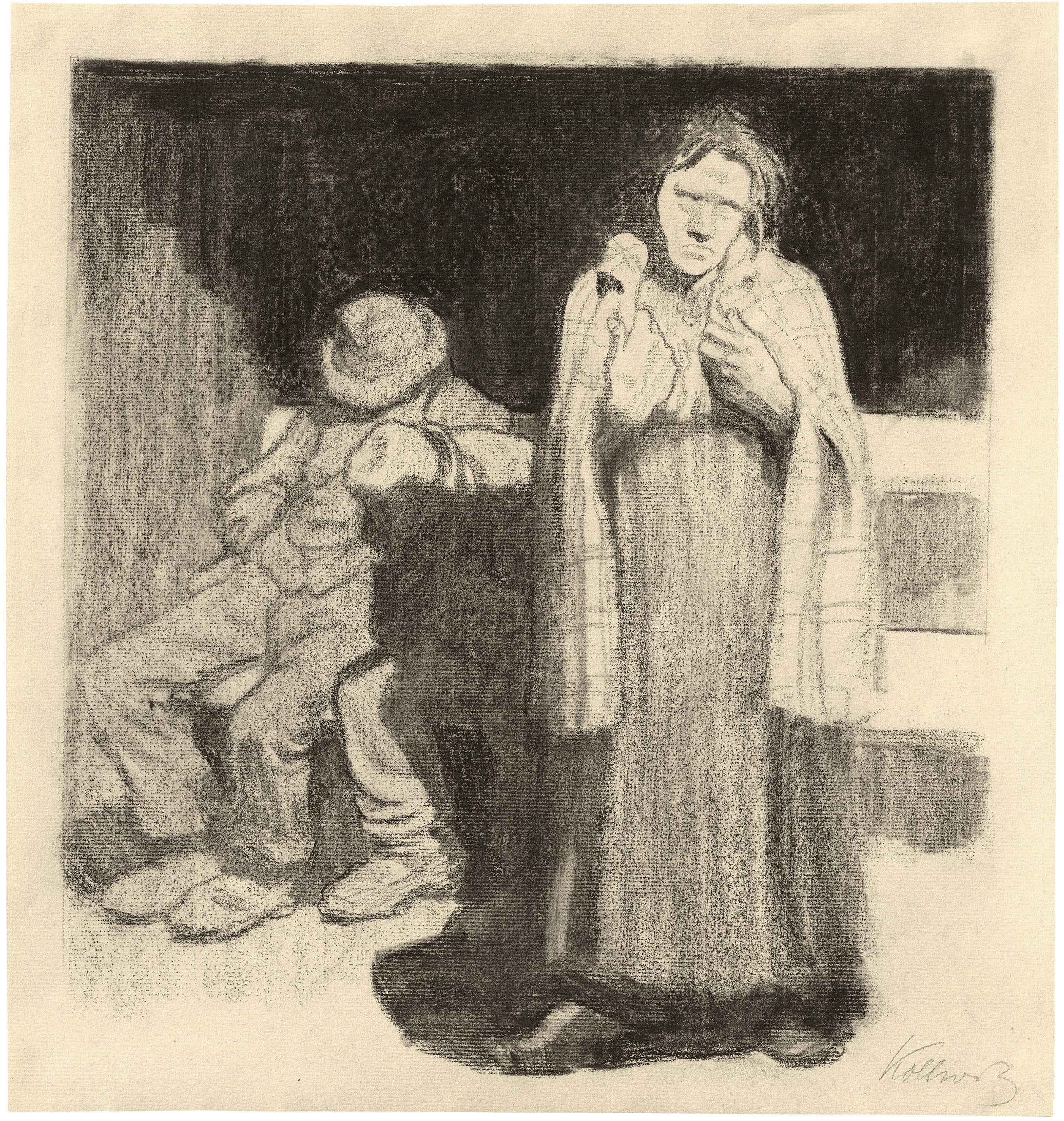 Käthe Kollwitz, Die Straße, 1908, Kohle und Tusche auf Bütten, 350 x 315 mm, NT 464, Kollwitz Museum Köln, Inv. Nr. 70200/07001.