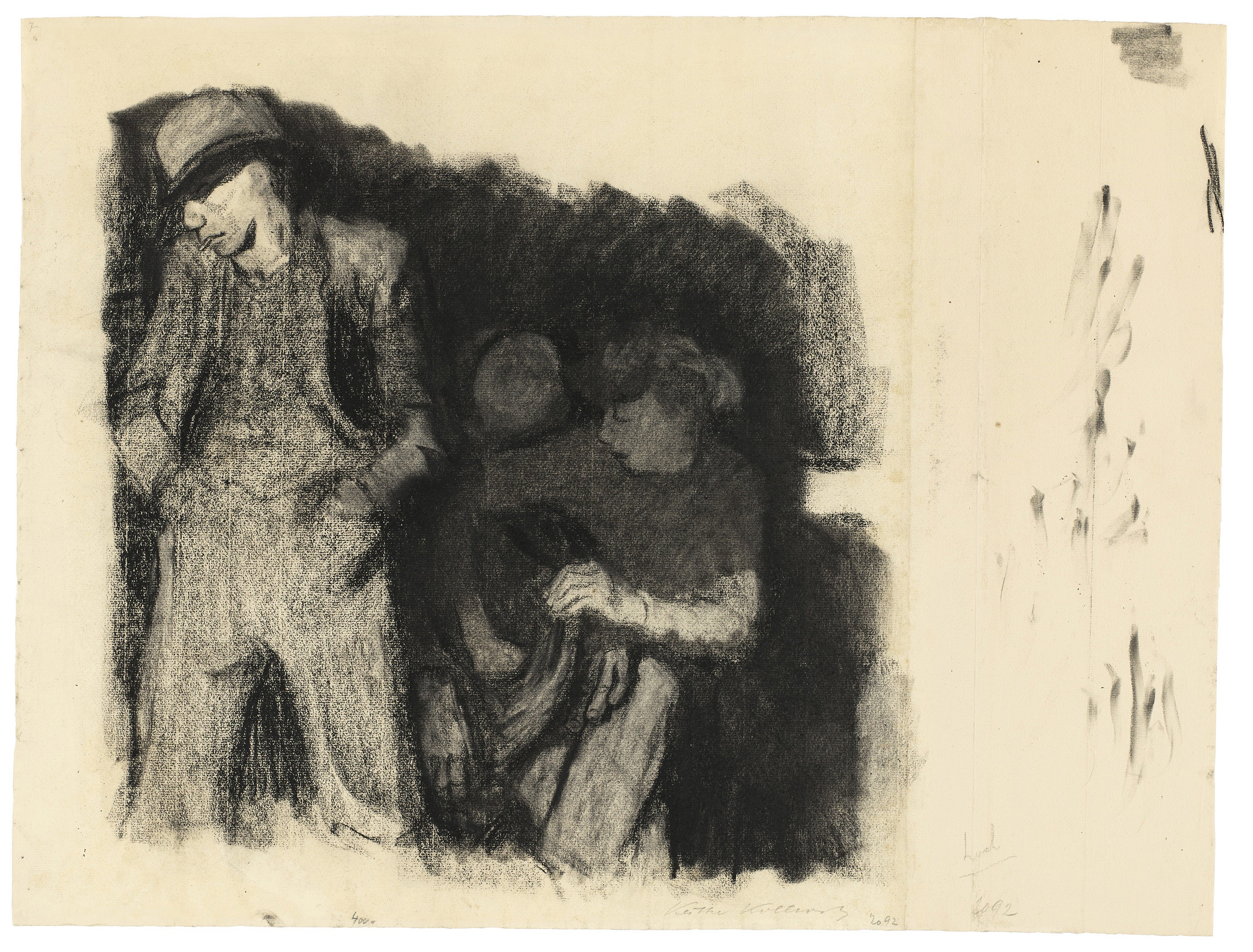 Käthe Kollwitz, Stehender Mann und sitzendes Paar, 1909, Kohle gewischt, auf Ingres-Bütten, 483 x 635 mm, NT 497, Kollwitz Museum Köln, Inv. Nr. 70200/90002.