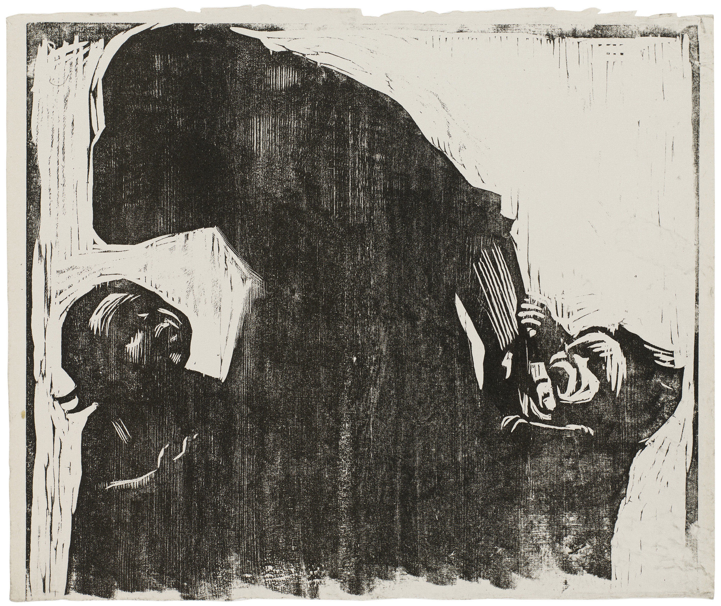 Käthe Kollwitz, »Brot!«, verworfene erste Fassung der Lithografie "Brot", 1924, Holzschnitt, 498 x 400 mm, Kn 207 I, Kollwitz Museum Köln, Inv. Nr. 70300/86046.