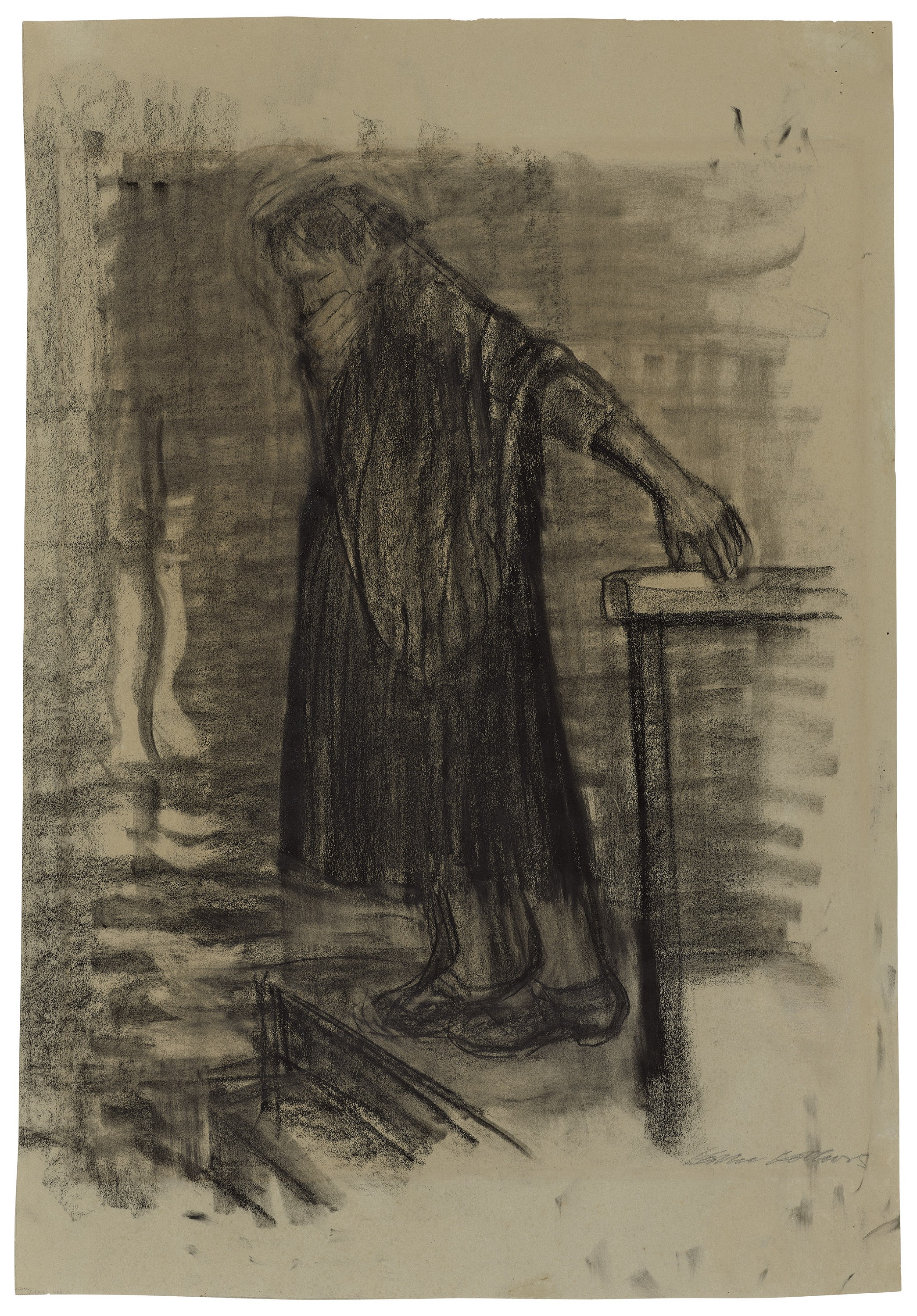 Käthe Kollwitz, Schwangere, ins Wasser gehend, um 1926, Kohle auf grünlichem Papier, 626 x 434 mm, NT (1114a), Kollwitz Museum Köln, Inv. Nr. 70200/15009.