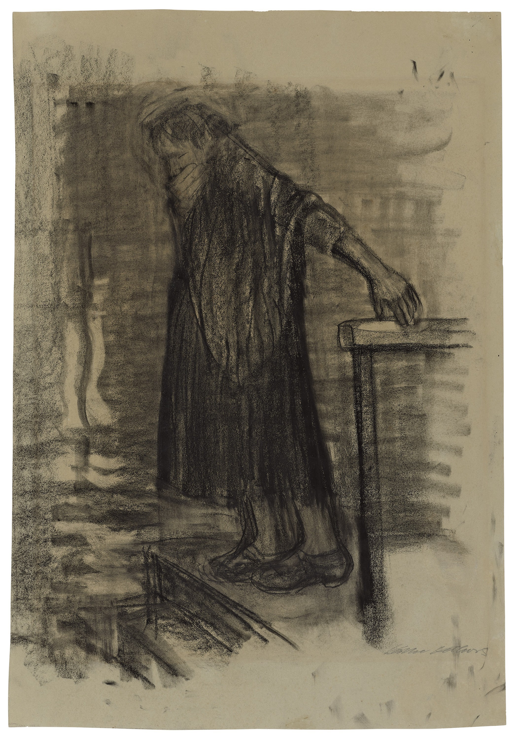 Käthe Kollwitz, Schwangere, ins Wasser gehend, um 1926, Kohle auf grünlichem Papier, 626 x 434 mm, NT (1114a), Kollwitz Museum Köln, Inv. Nr. 70200/15009.