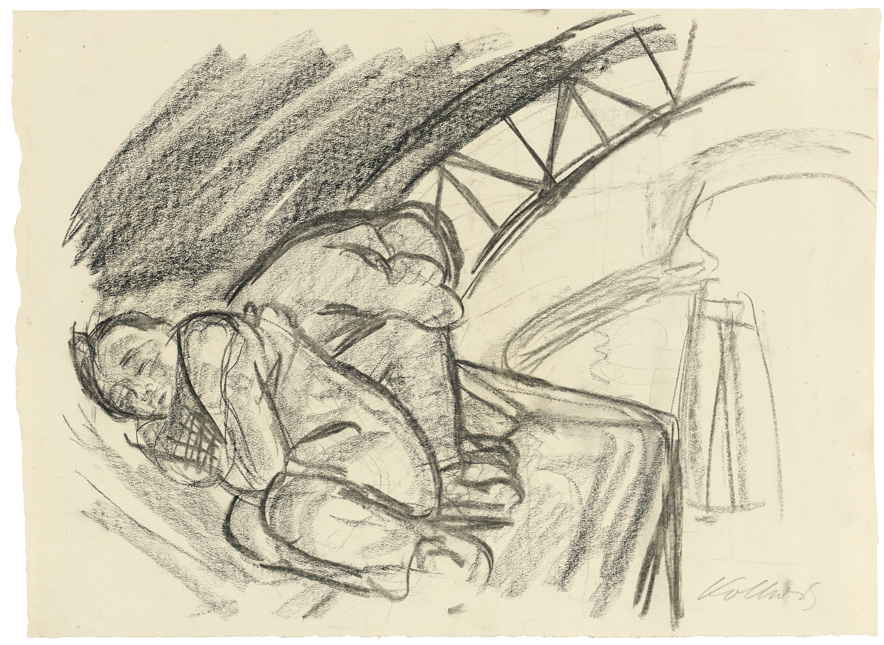 Käthe Kollwitz, Unter dem Brückenbogen, 1928, Kohle und schwarze Kreide, gewischt, auf Zeichenpapier, 389 x 535 mm, NT 1161, Kollwitz Museum Köln, Inv. Nr. 70200/83053.