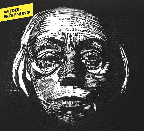 KOLLWITZ NEU SEHEN, Plakat zur Wiedereröffnung des Kollwitz Museum Köln, 11.10.2025—15.3.2026, Motiv: Käthe Kollwitz, Selbstbildnis von vorn, 1922/23, Holzschnitt, Kn 193 XIV b, Käthe Kollwitz Museum Köln, Inv. Nr.: 70300/84032 © Kollwitz Museum Köln, Gestaltung: Julius Terlinden