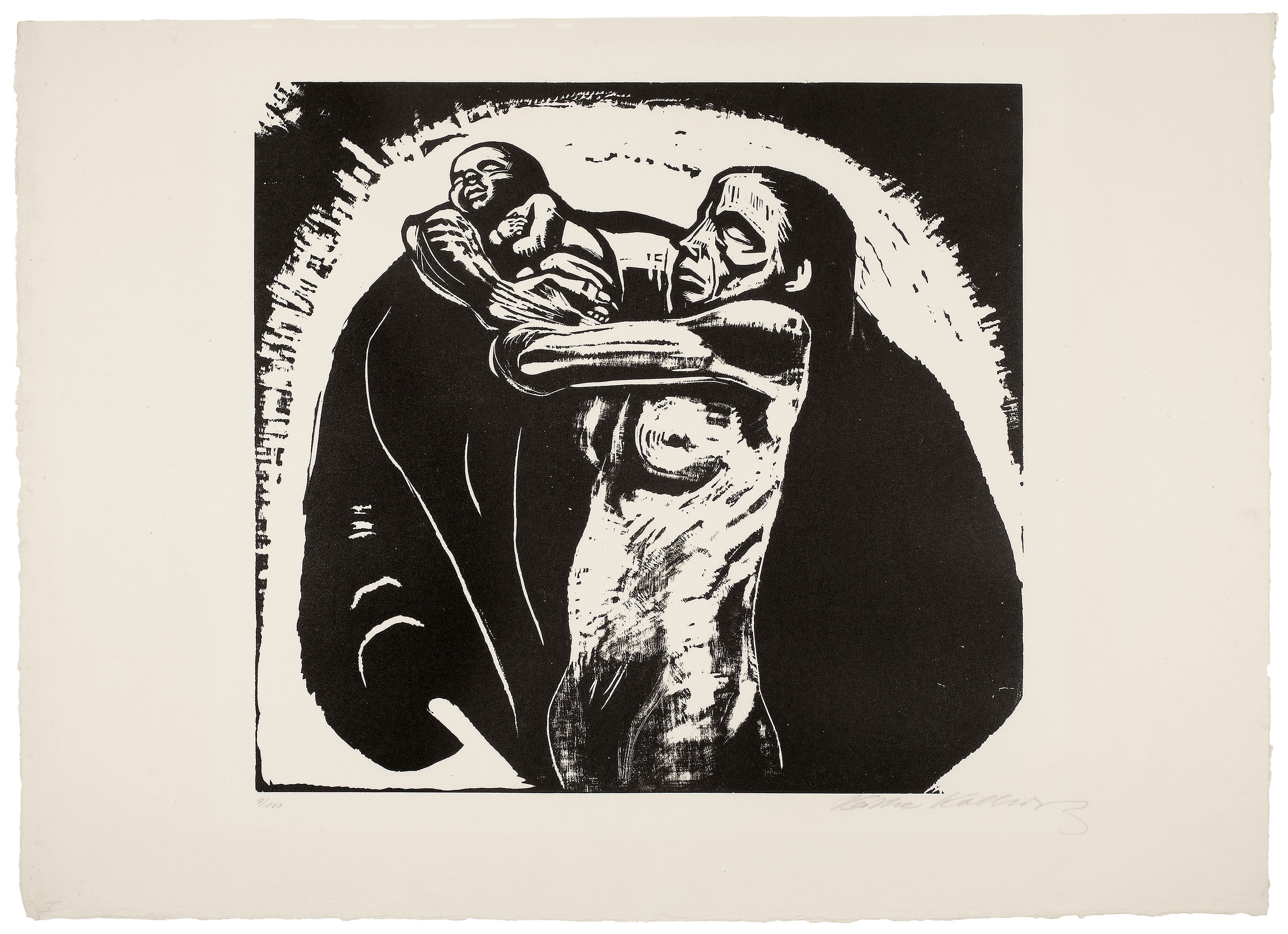 Käthe Kollwitz, Das Opfer, Blatt 1 der Folge »Krieg«, 1922, Holzschnitt, 371 x 402 mm, Kn 179 IX b, Kollwitz Museum Köln, Inv. Nr. 70300/92011.  