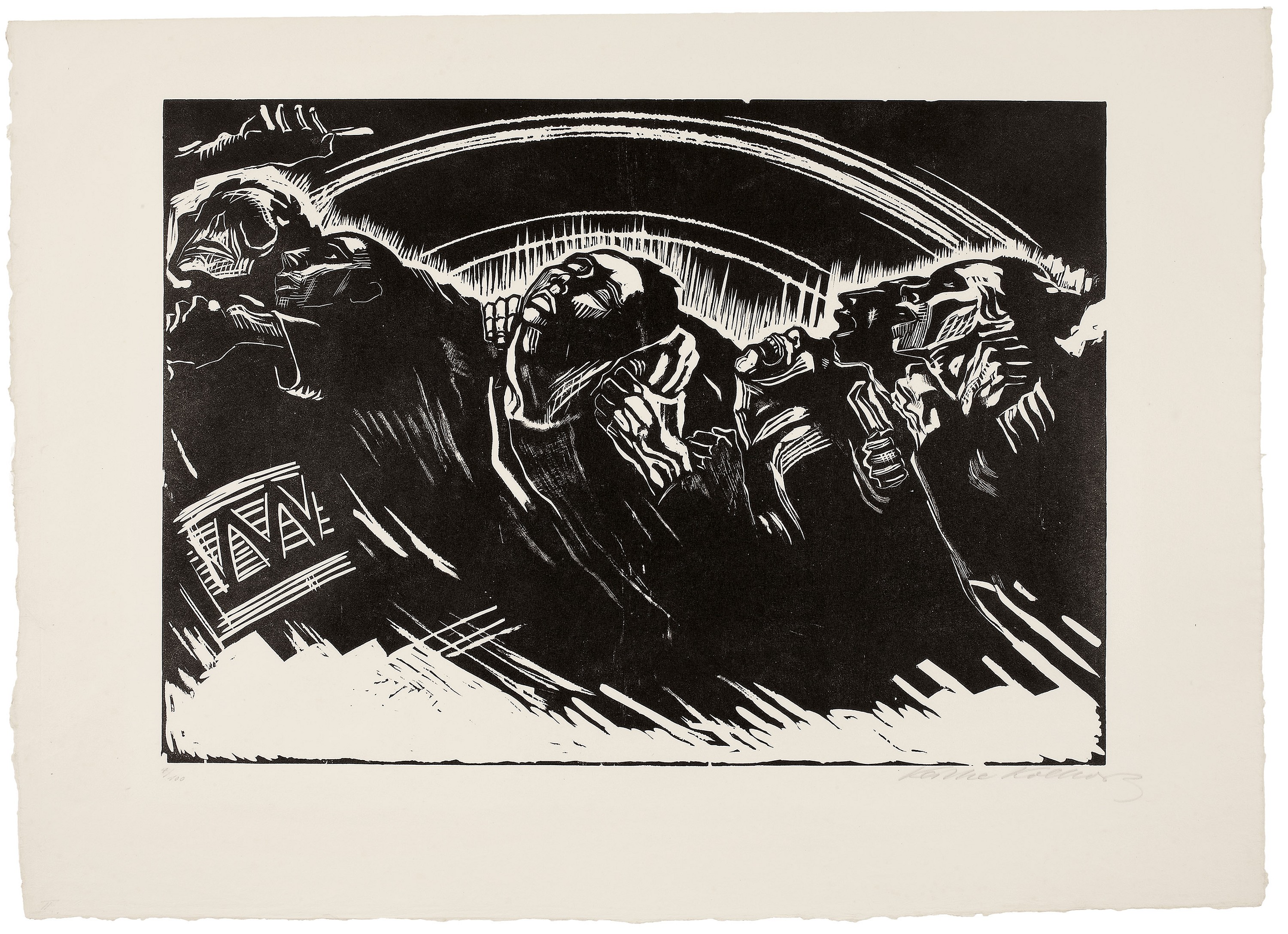 Käthe Kollwitz, Die Freiwilligen, Blatt 2 der Folge »Krieg«, 1921/22, Holzschnitt, 350 x 496 mm, Kn 173 IV b, Kollwitz Museum Köln, Inv. Nr. 70300/92012.