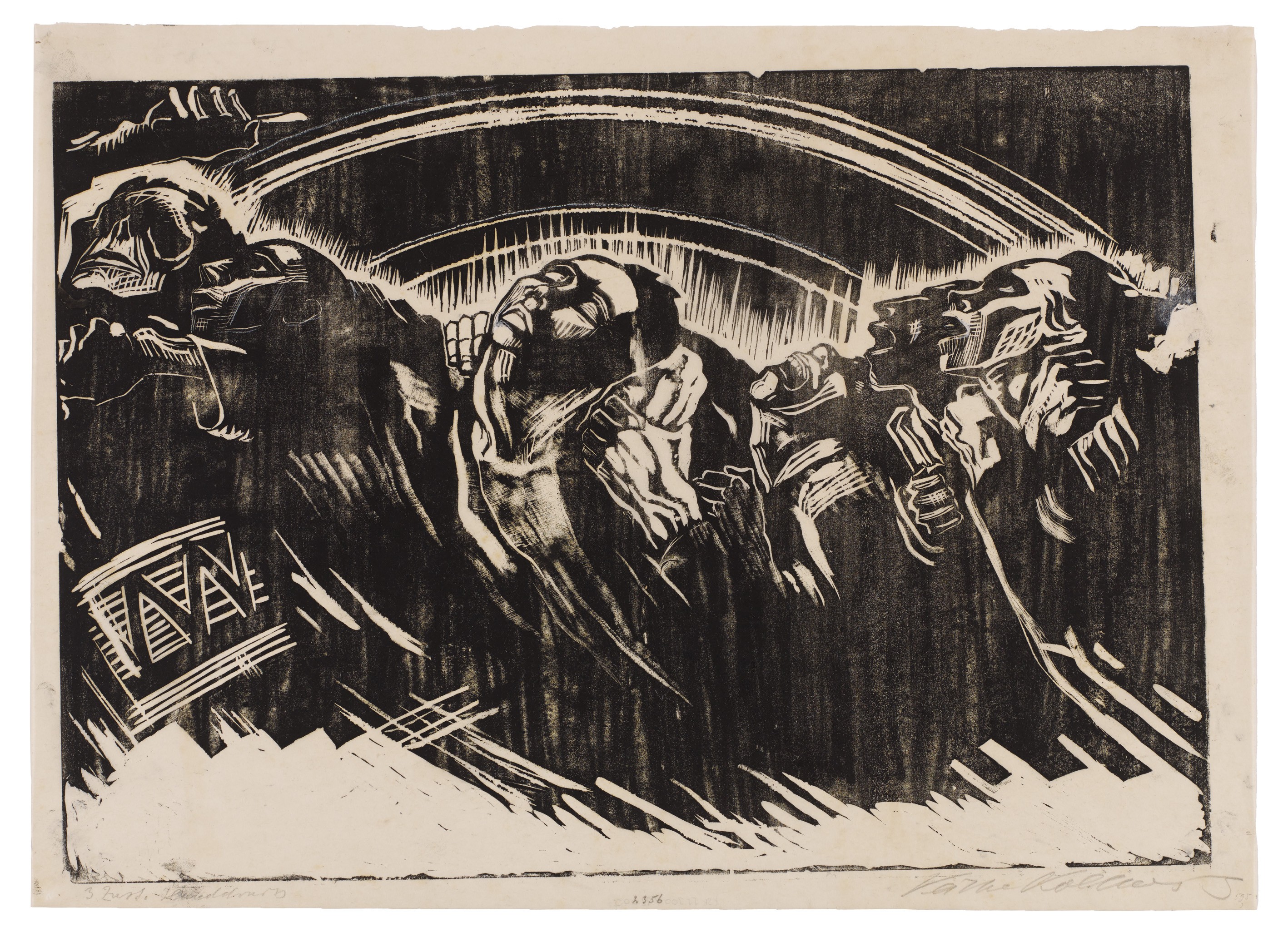 Käthe Kollwitz, Die Freiwilligen, Blatt 2 der Folge »Krieg«, 1921/22, Holzschnitt, 350 x 496 mm, Kn 173 III, Kollwitz Museum Köln, Inv. Nr. 70300/92003.