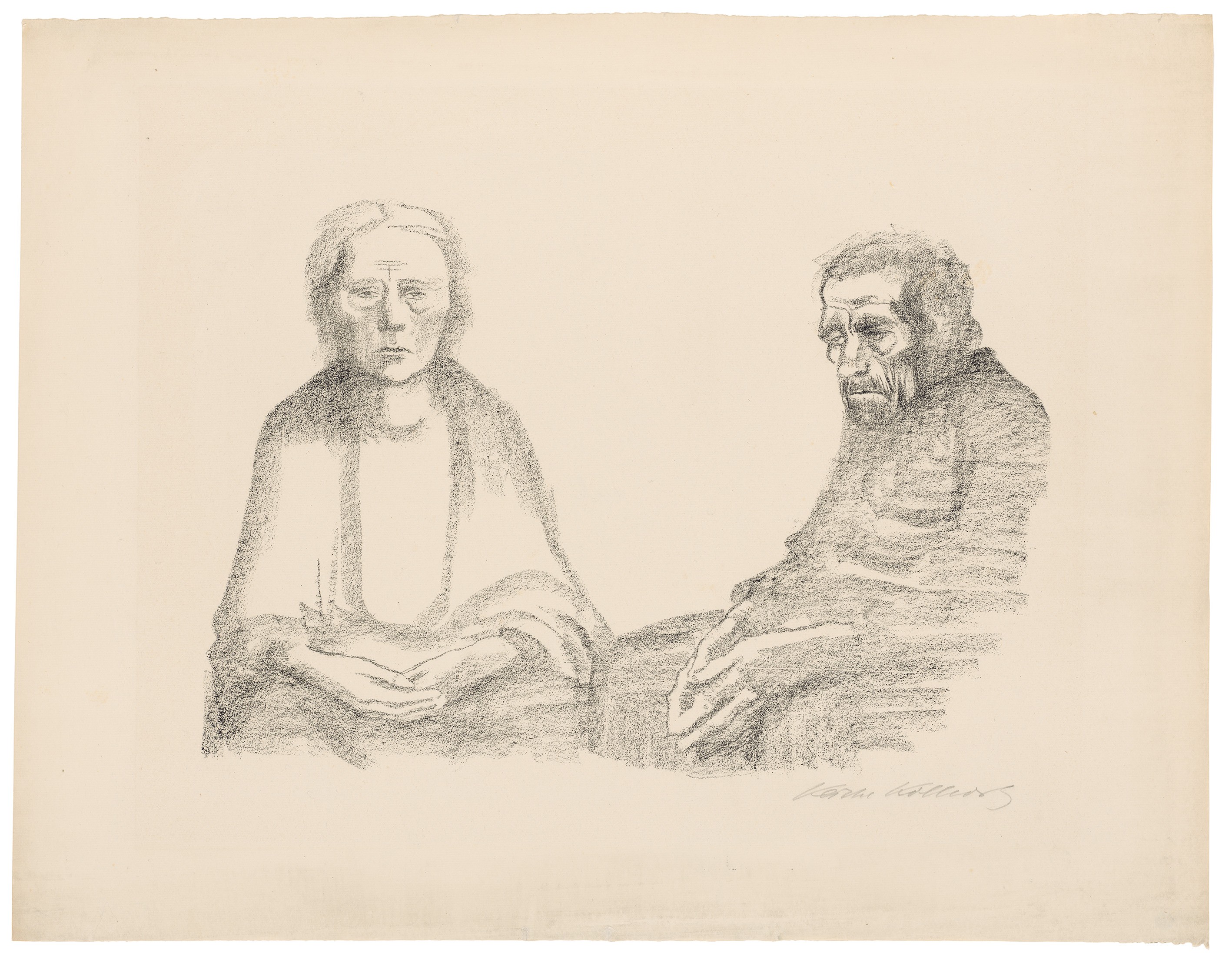 Käthe Kollwitz, Die Eltern, verworfene zweite Fassung von Blatt 3 der Folge »Krieg«, 1919, Kreidelithografie (Umdruck), 320 x 475 mm, Kn 142 a, Kollwitz Museum Köln, Inv. Nr. 70300/05010.