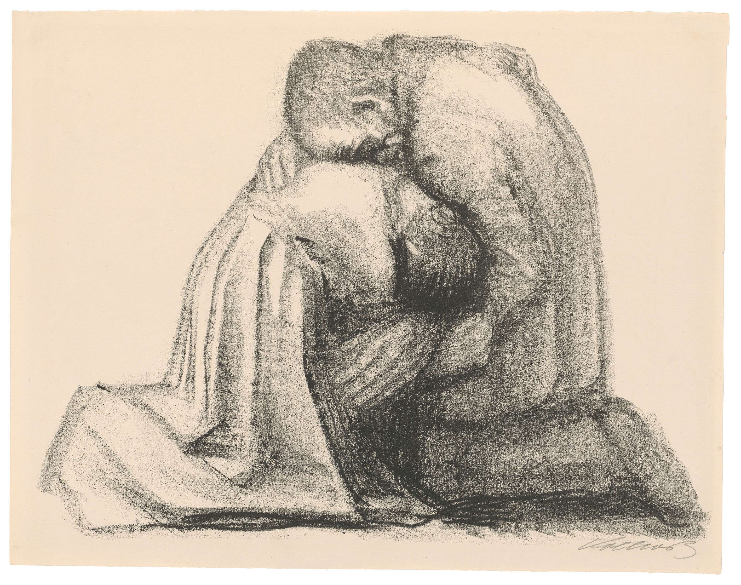Käthe Kollwitz, Die Eltern, verworfene dritte Fassung von Blatt 3 der Folge »Krieg«, 1920, Kreidelithografie (Umdruck), 390 x 517 mm, Kn 149, Kollwitz Museum Köln, Inv. Nr.  70300/03013.