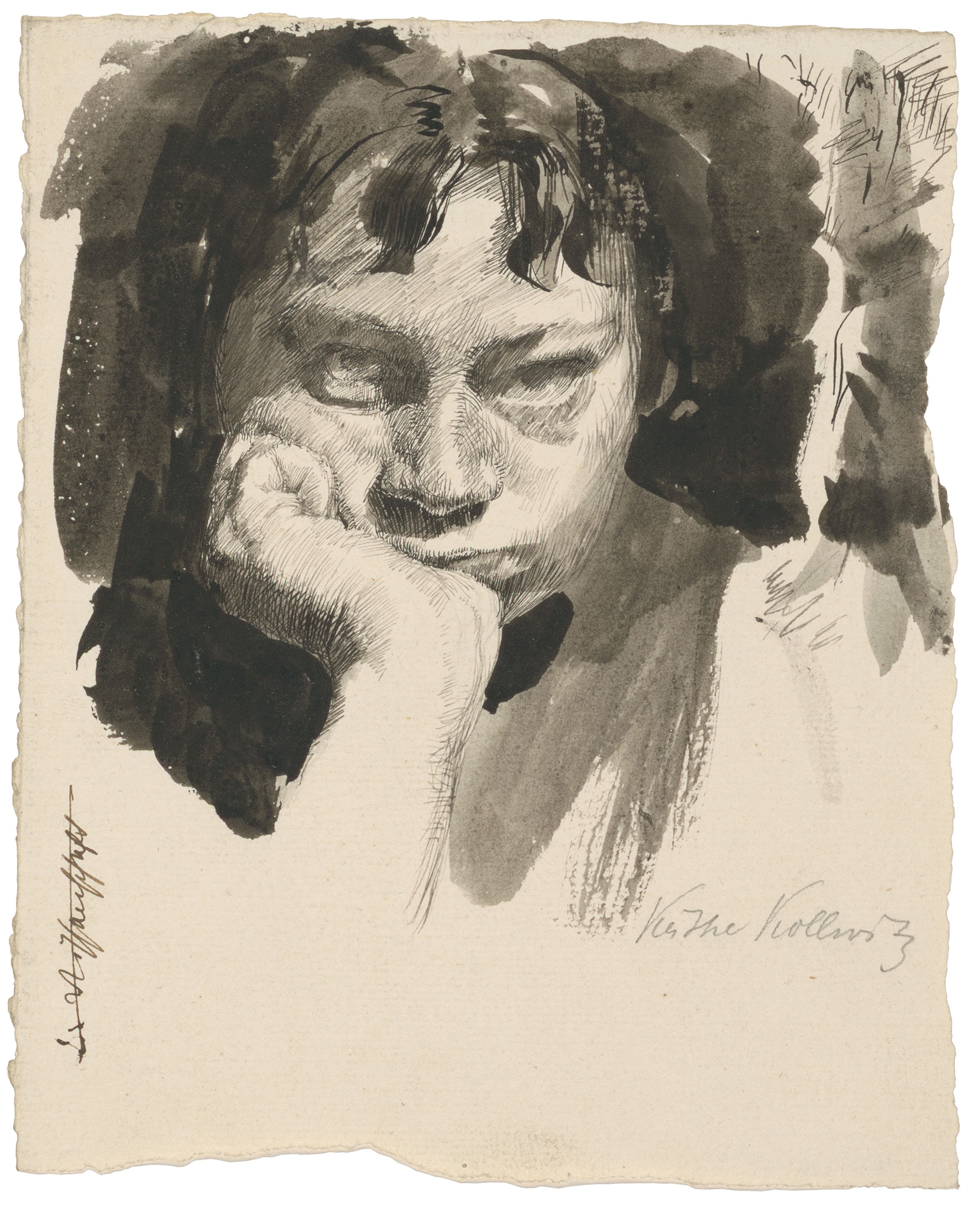 Käthe Kollwitz, Self-portrait, head supported, 1889-91, pen and ink in blackish-brown on laid paper, 200 x 163 mm, NT 25, Kollwitz Museum Köln, Inv. No. 70200/96008.