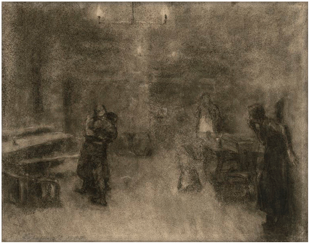 Käthe Kollwitz, Two Men Fighting in a Tavern, charcoal and brown chalk, stumped, pen and sepia on manila paper, 1888, NT 9, Kupferstich-Kabinett, Dresden

