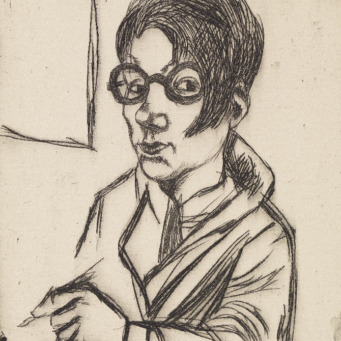 Hanna Nagel, Untitled (Self-Portrait with Glasses), 1928, Etching, 13,9 x 11,9 cm, Kunsthalle Mannheim © VG Bildkunst, Bonn 2026