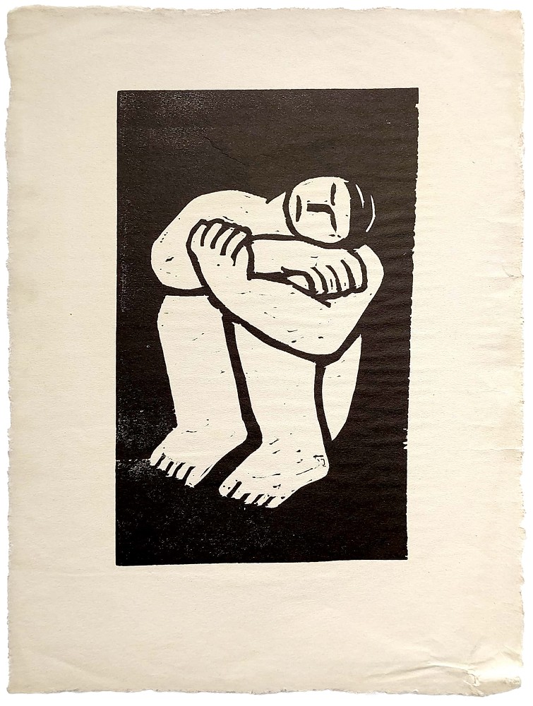 Louise Stomps, Hockender, 1946, Holzschnitt, 246 x 221 mm, Nachlass Louise Stomps © Nachlass Louise Stomps, VG Bild-Kunst, Bonn 2026