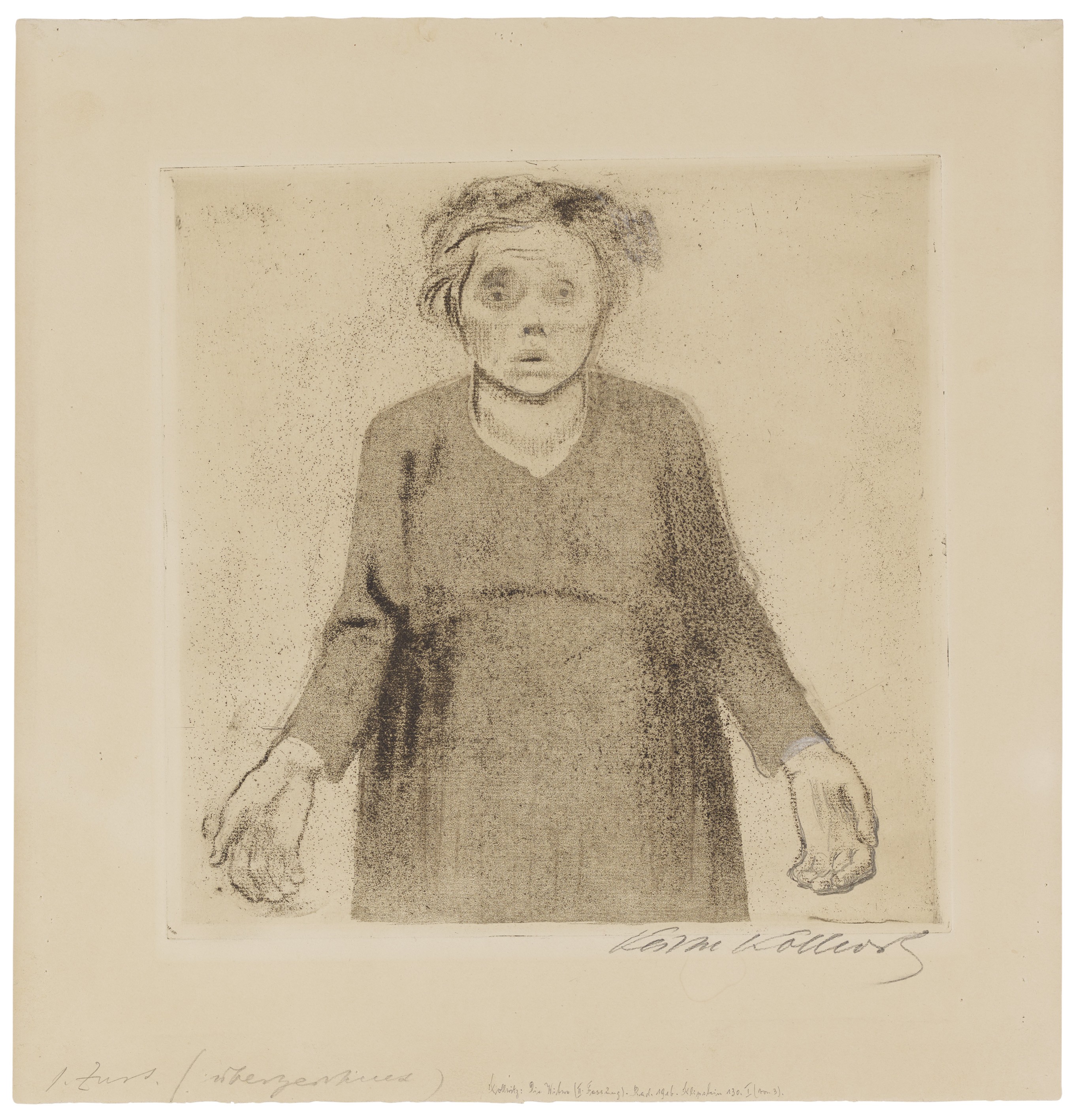 Käthe Kollwitz, Die Witwe, verworfene erste Fassung von Blatt 4 der Folge »Krieg«, 1918, Strichätzung, Schmirgel und Vernis mou mit Durchdruck von geripptem Bütten, 256 x 260 mm, Kn 138 I, Kollwitz Museum Köln, Inv. Nr. 70300/03010.