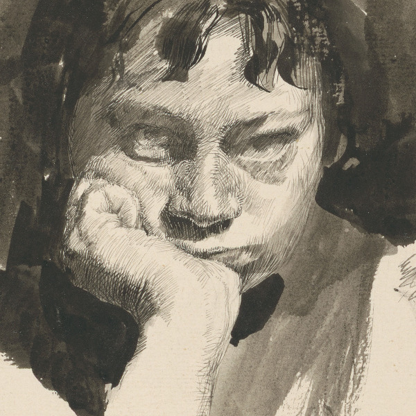 Käthe Kollwitz (1867–1945), Self-Portrait with Head Resting on Hand, 1889/91, pen and brush in sepia, on laid paper, 200 × 163 mm, NT 25, Kollwitz Museum Cologne, inv. no. 70200/96008.