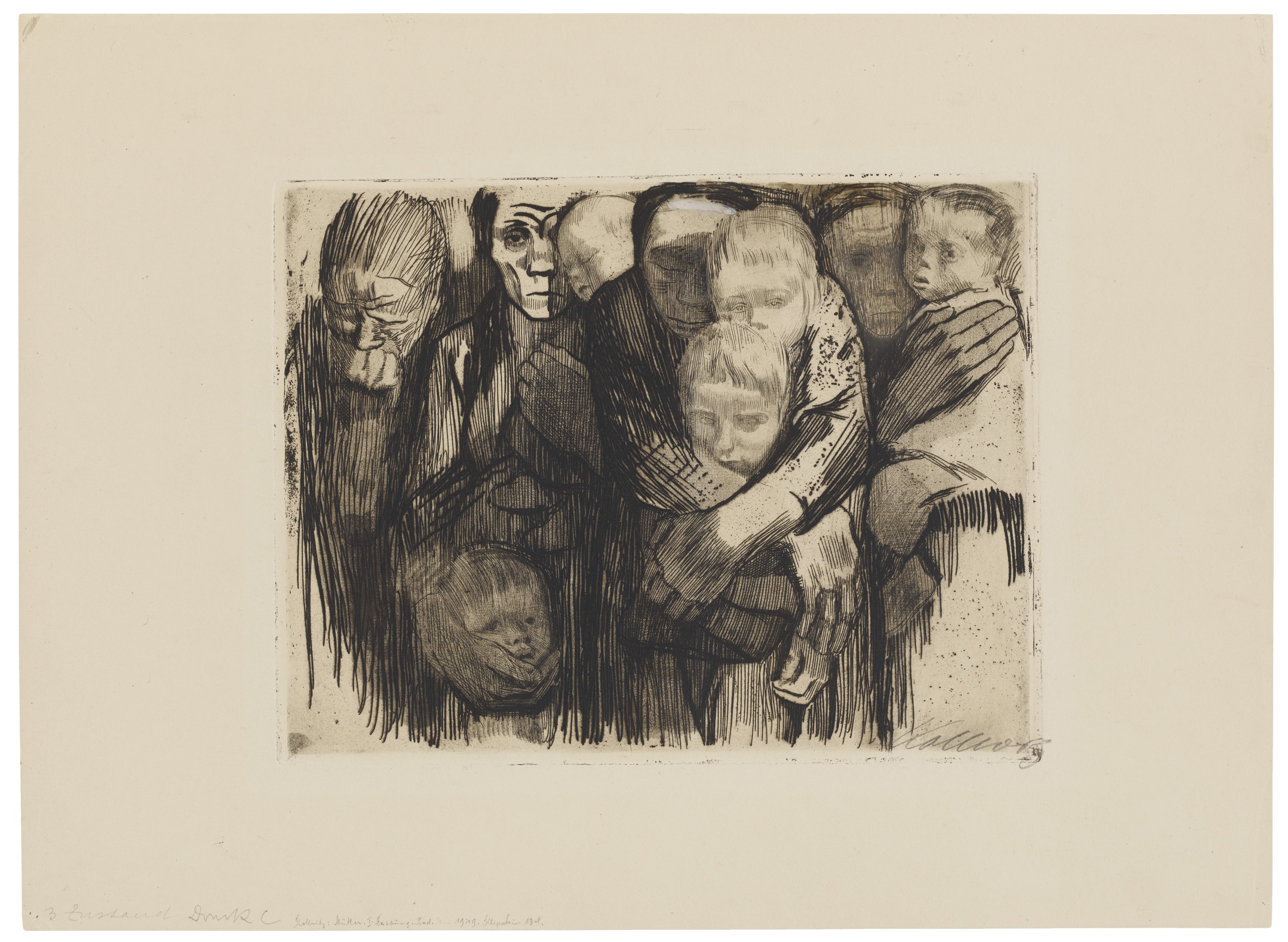 Käthe Kollwitz, Mütter, verworfene erste Fassung von Blatt 6 Folge »Krieg«, 1918, Strichätzung, Schmirgel, Vernis mou mit Durchdruck von Bütten und Nadelbüschel, 245 x 320 mm, Kn 137 III, Kollwitz Museum Köln, Inv. Nr. 70300/03011.