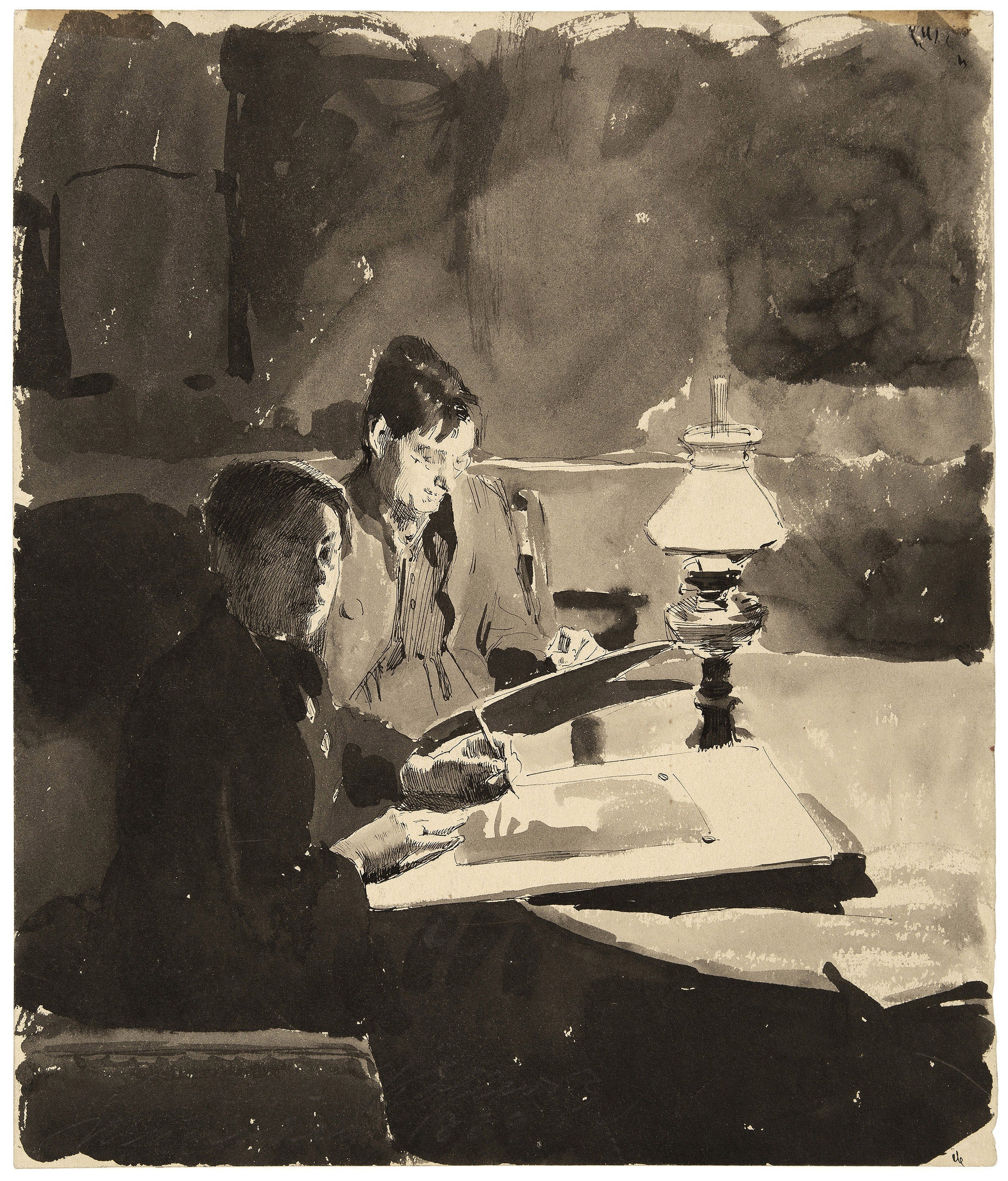 Käthe Schmidt (Kollwitz), Self-portrait with fellow student, 1889, Pen and brush in ink, on vellum, 295 x 270 mm, NT 13,  Kollwitz Museum Köln, Inv. Nr. 70200/23004.
