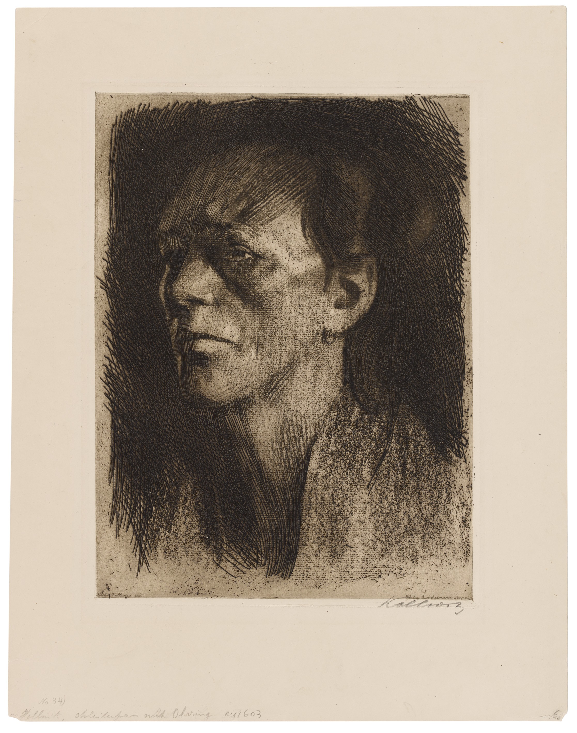 Käthe Kollwitz, Worker Woman (with Earring), 1910, line etching, sandpaper and soft ground with the imprint of ribbed laid paper and Ziegler’s transfer paper, 330 x 248 mm, Kn 112 V, Kollwitz Museum Köln, Inv. Nr. 70300/98003.