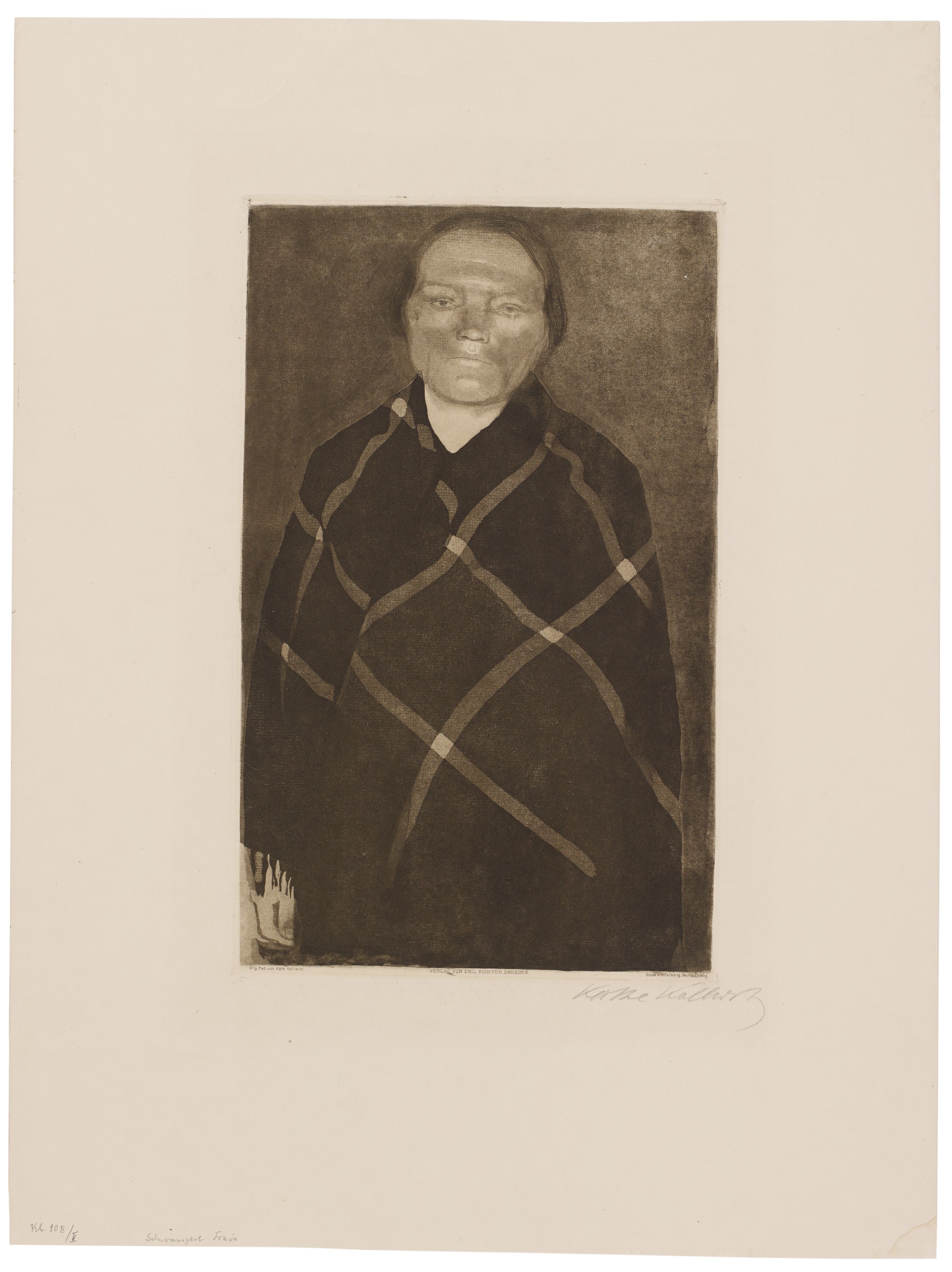 Käthe Kollwitz, Pregnant Woman, 1910, line etching, aquatint, drypoint and soft ground with the imprint of laid paper and Ziegler’s transfer paper, 377 x 235 mm, Kn 111 V, Kollwitz Museum Köln, Inv. Nr. 70300/84022.