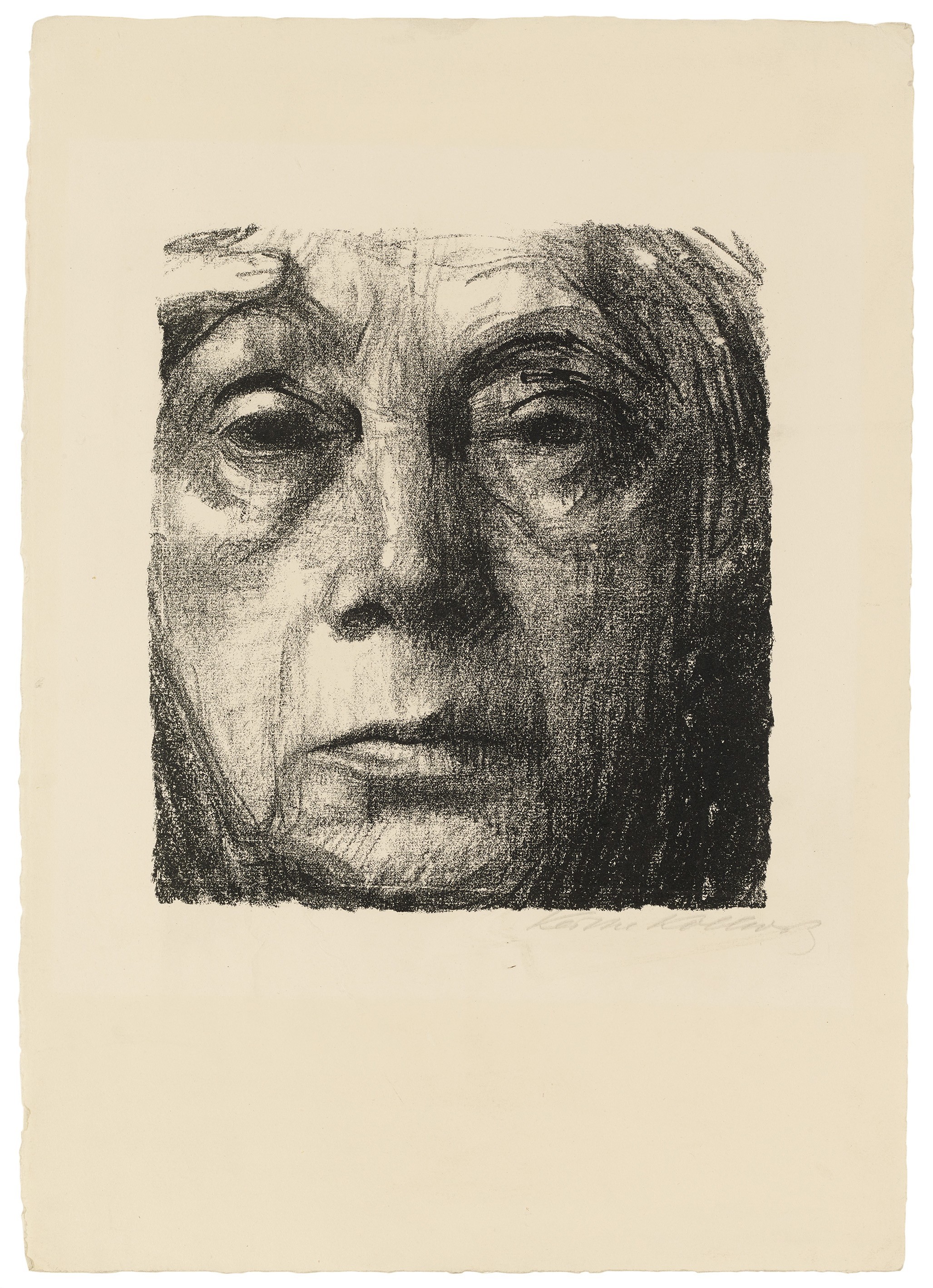 Käthe Kollwitz, Self-Portrait, 1934, crayon and brush lithograph (transfer), Kn 263 b, 208 x 187 mm, Kn 263 b, Kollwitz Museum Köln, Inv. Nr. 70300/85054.