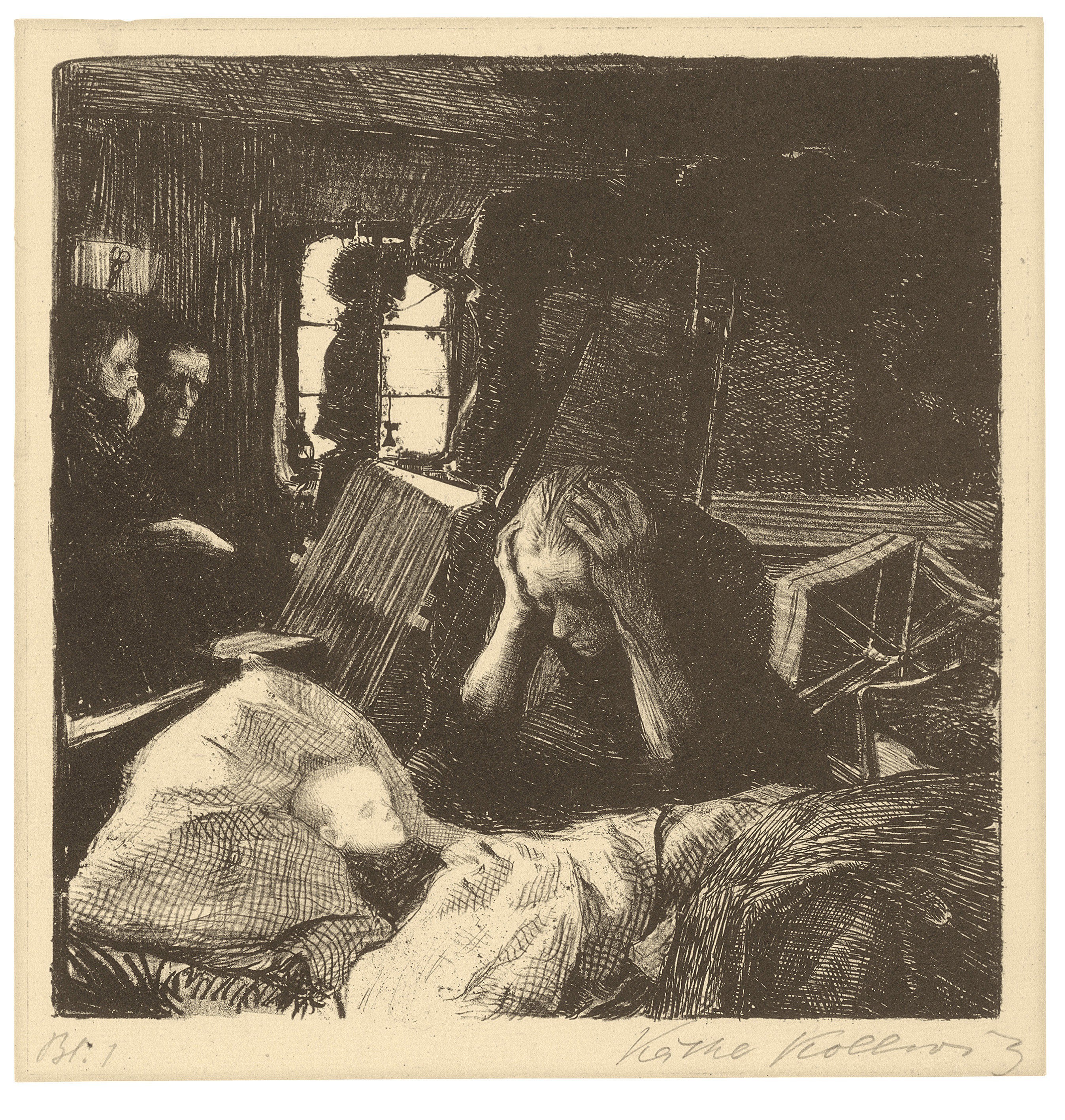 Käthe Kollwitz, Need, sheet 1 of the cycle »A Weavers’ Revolt«, 1893–97, chalk and pen lithograph, scraper and scraping needle, 154 x 153 mm, Kn 33 A III a, Kollwitz Museum Köln, Inv. Nr. 70300/84005.