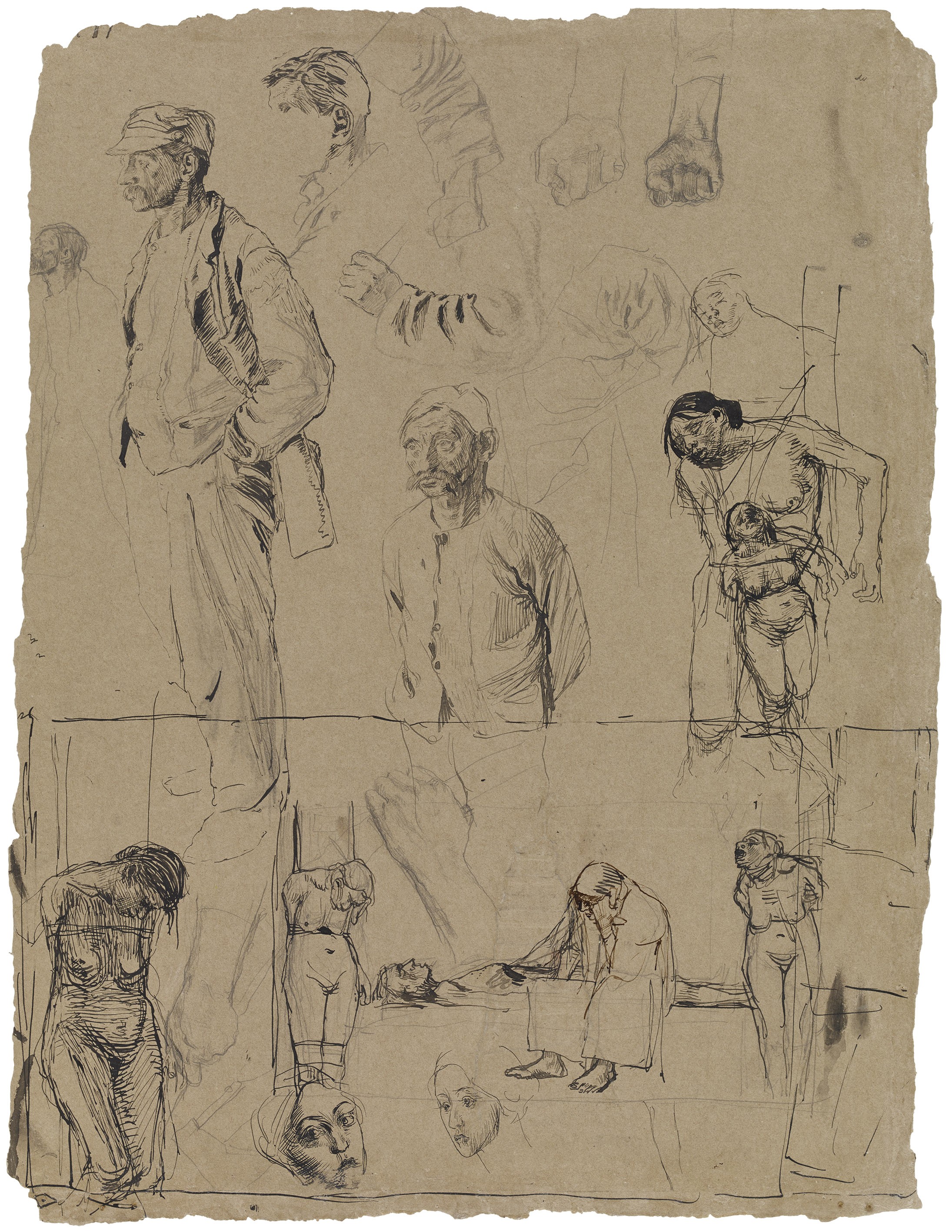 Käthe Kollwitz, sheet with studies of heads, hands and arms for the etching »March of the Weavers«, c. 1896, pencil, pen and ink, washed, on brown drawing cardboard, 505 x 388 mm, NT 123, Kollwitz Museum Köln, Inv. Nr. 70200/98011.