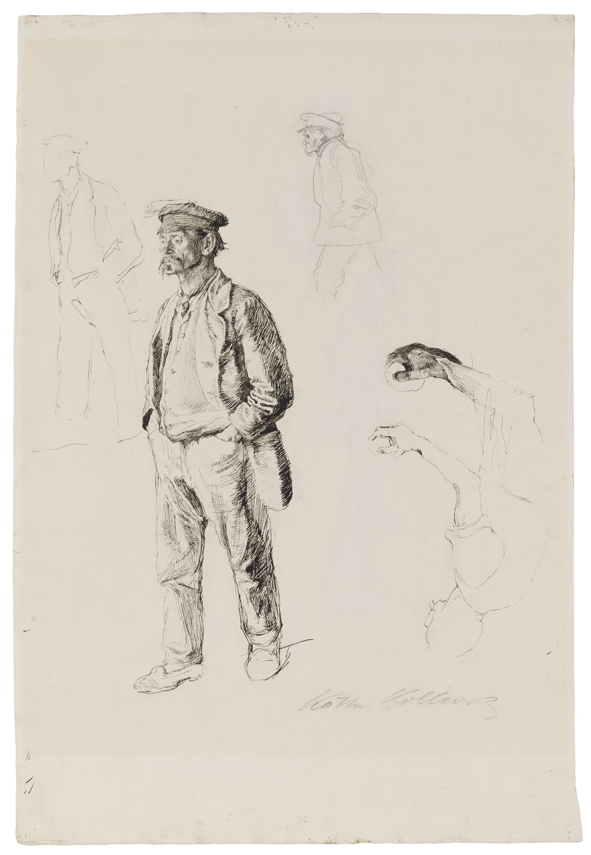 Käthe Kollwitz, study sheet with a full-figure portrait of a man standing, 1896, pen and ink, pencil, on firm vellum paper, 506 x 343 mm, NT 128, Kollwitz Museum Köln, Inv. Nr. 70200/95018.