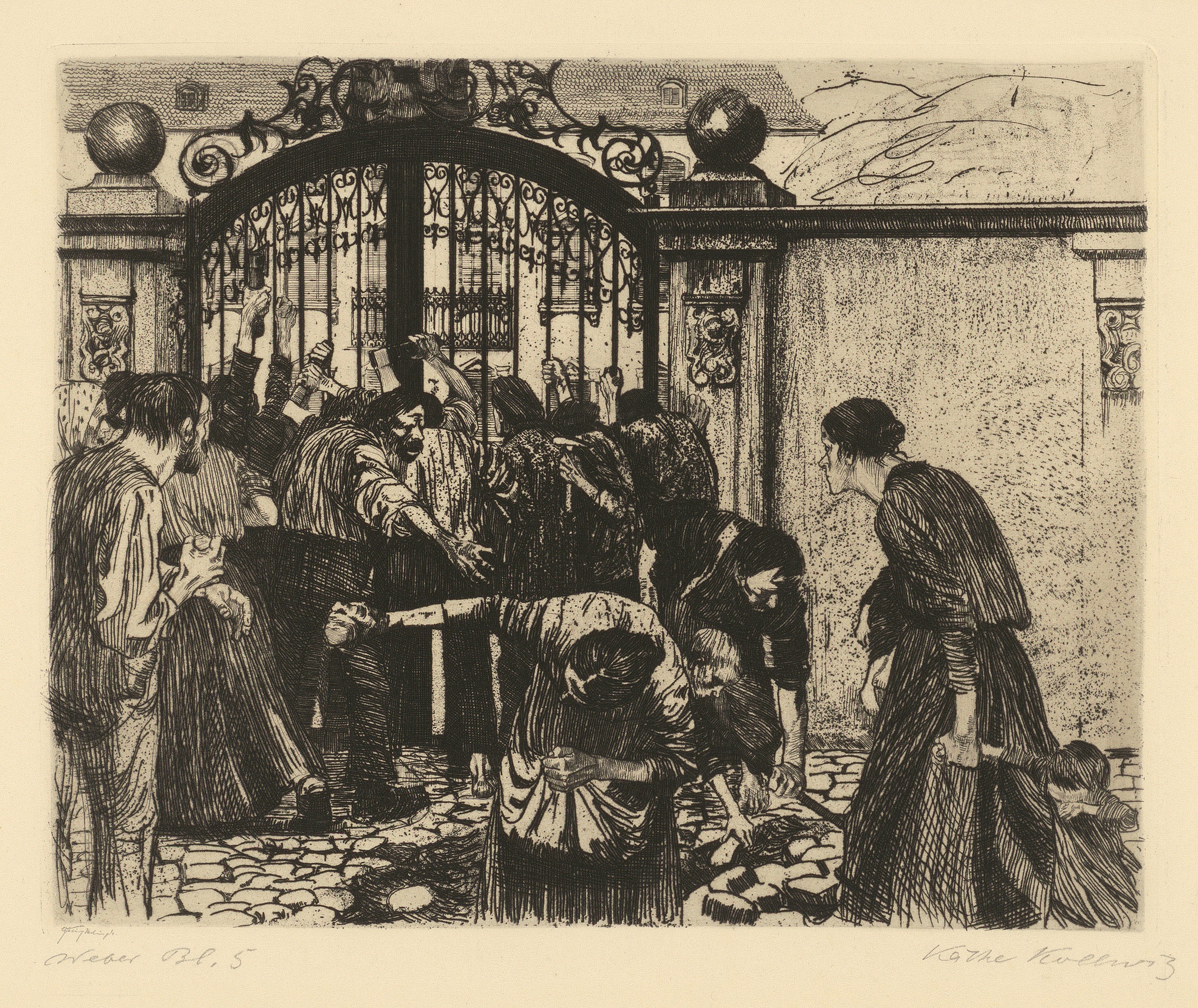 Käthe Kollwitz, Storming the Gate – Attack, sheet 5 of the cycle »A Weavers’ Revolt«, 1893–97, line etching and sandpaper, 238 x 295 mm, Kn 37 II a, Kollwitz Museum Köln, Inv. Nr. 70300/84003.