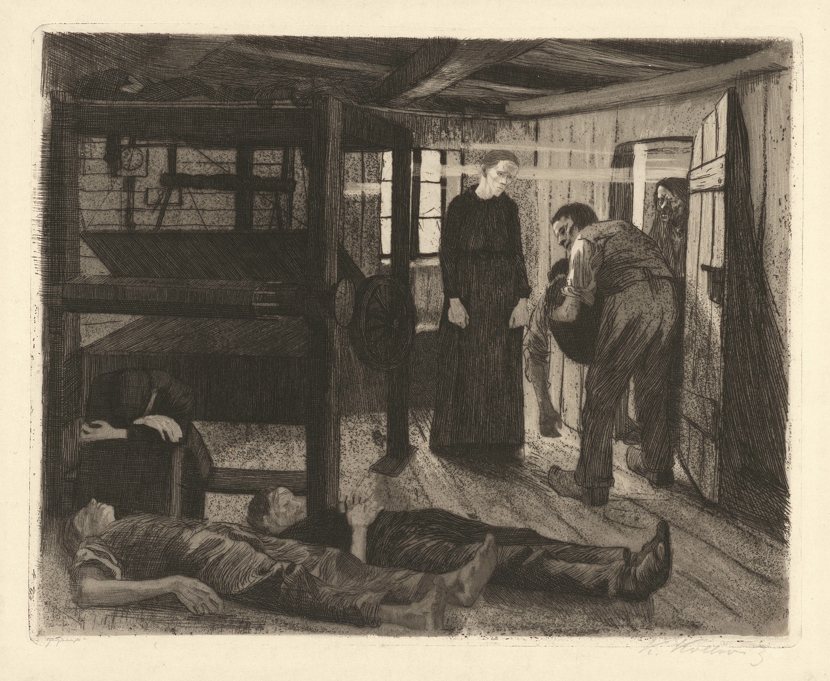 Käthe Kollwitz, End, sheet 6 of the cycle »A Weavers’ Revolt«, 1893–97, line etching, aquatint, sandpaper and burnisher, Kn 38 II a, 247 x 307 mm, Kn 38 II a, Kollwitz Museum Köln, Inv. Nr. 70300/84008.