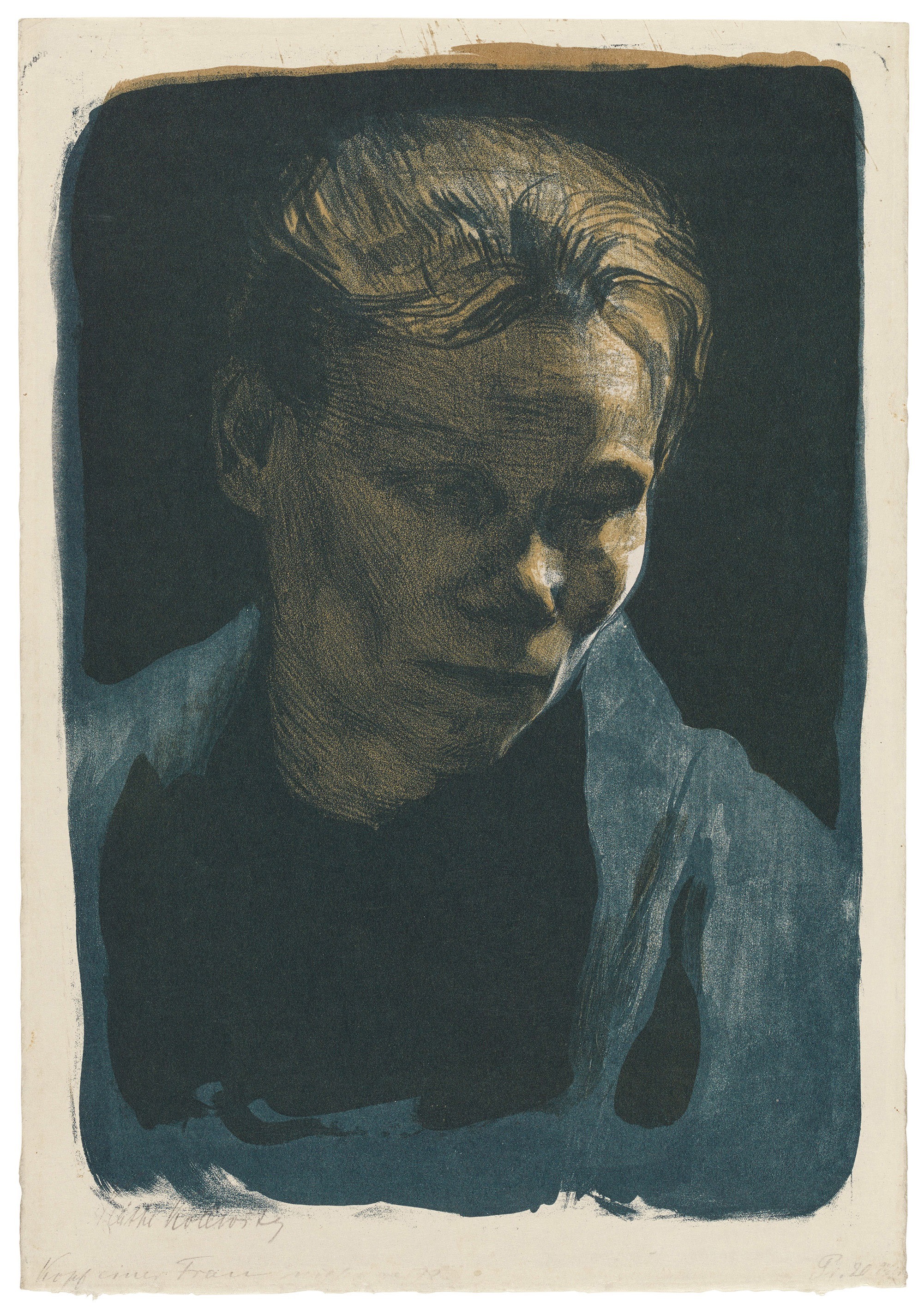 Käthe Kollwitz, Bust of a Worker Woman with Blue Shawl, 1903, crayon and brush lithograph in two colors, with scratch technique in the drawing stone, printed blue, 356 x 246 mm, Kn 75 A I 1, Kollwitz Museum Köln, Inv. Nr. 70300/87011.