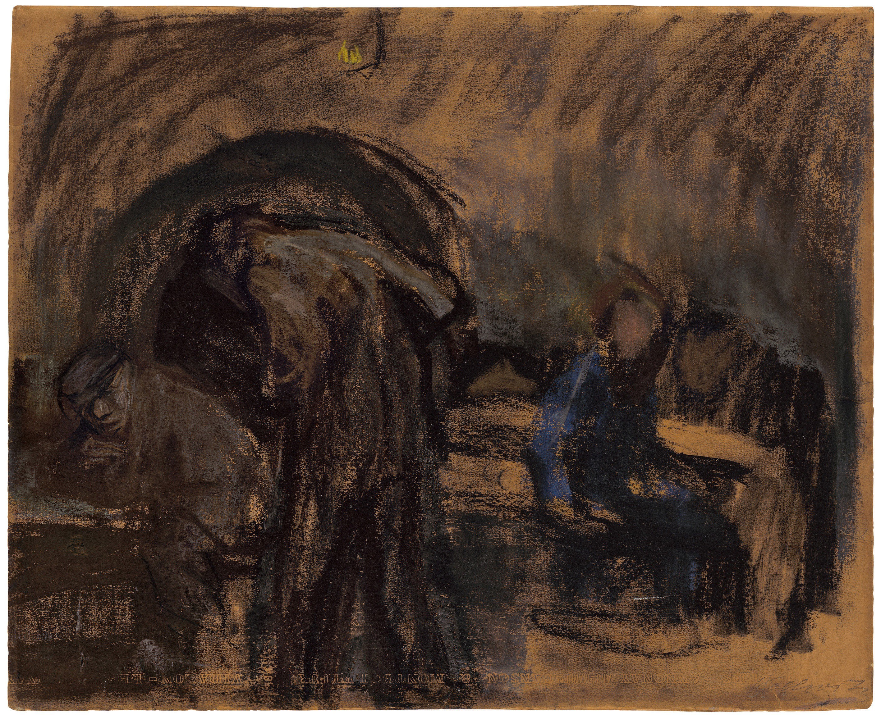Käthe Kollwitz, Parisian Cellar Tavern, 1904, coloured chalk (black, light grey, brown, rust-coloured, ochre, blue, yellow and flesh-coloured) on ochre-coloured Canson drawing cardboard, 468 x 578 mm, NT (277a), Kollwitz Museum Köln, Inv. Nr. 70200/10001.