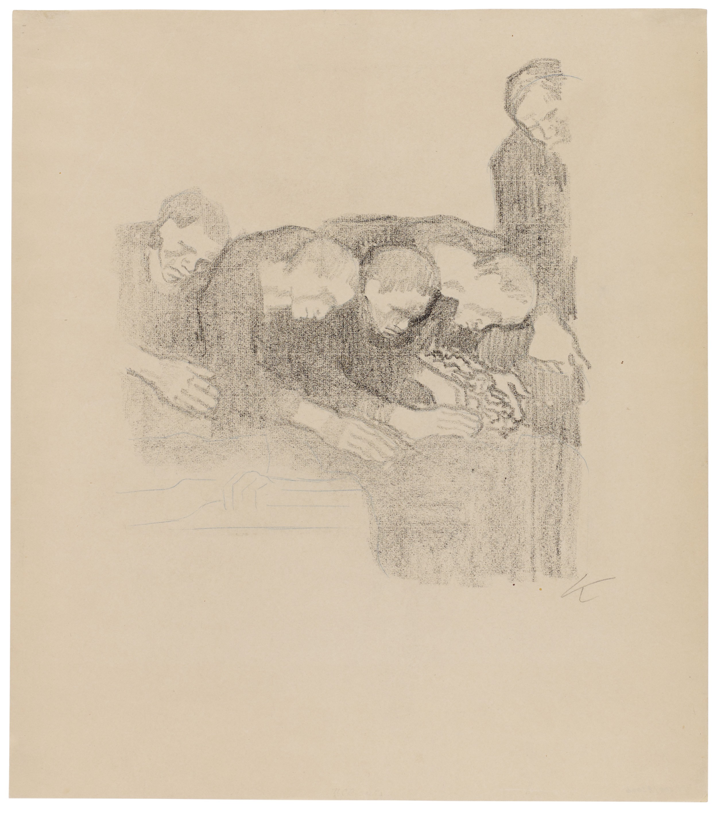 Käthe Kollwitz, Dem Andenken Ludwig Franks, verworfene zweite Fassung, 1914, Kreidelithografie (Umdruck), mit blauer Kreide überarbeitet, 337 x 306 mm, Kn 131 I, Kollwitz Museum Köln, Inv. Nr. 70300/93006.