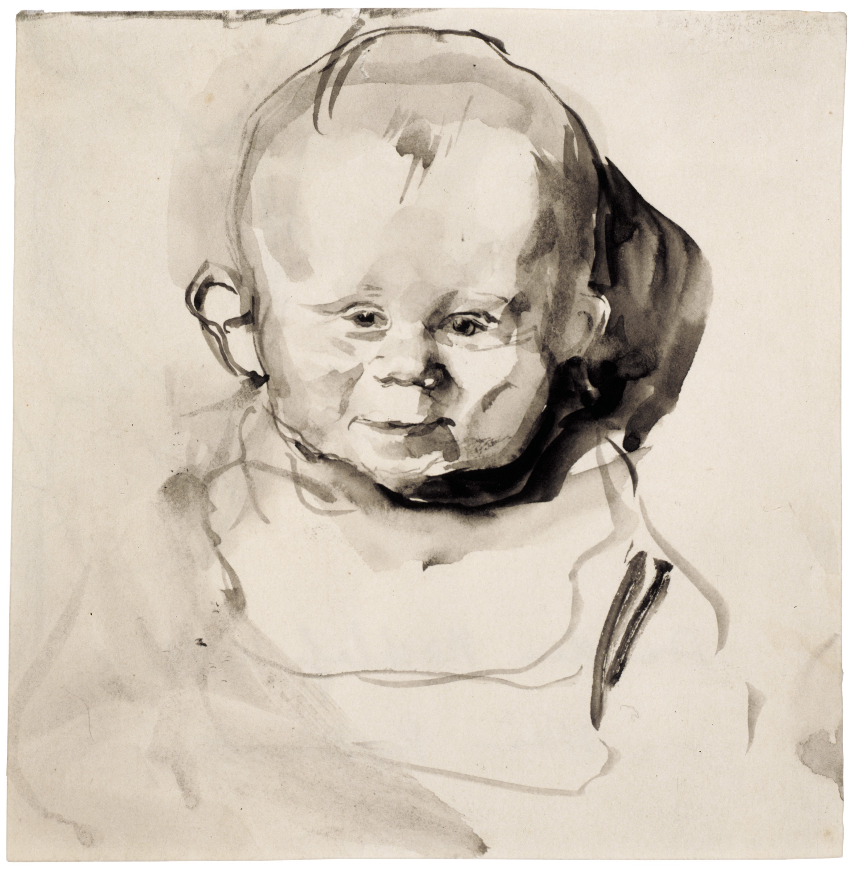 Käthe Kollwitz, Child’s Head, en face, (Hans Kollwitz), 1893, brush and grey ink, washed, 117 x 116 mm, NT 72, Kollwitz Museum Köln, Inv. Nr. 70200/89013.