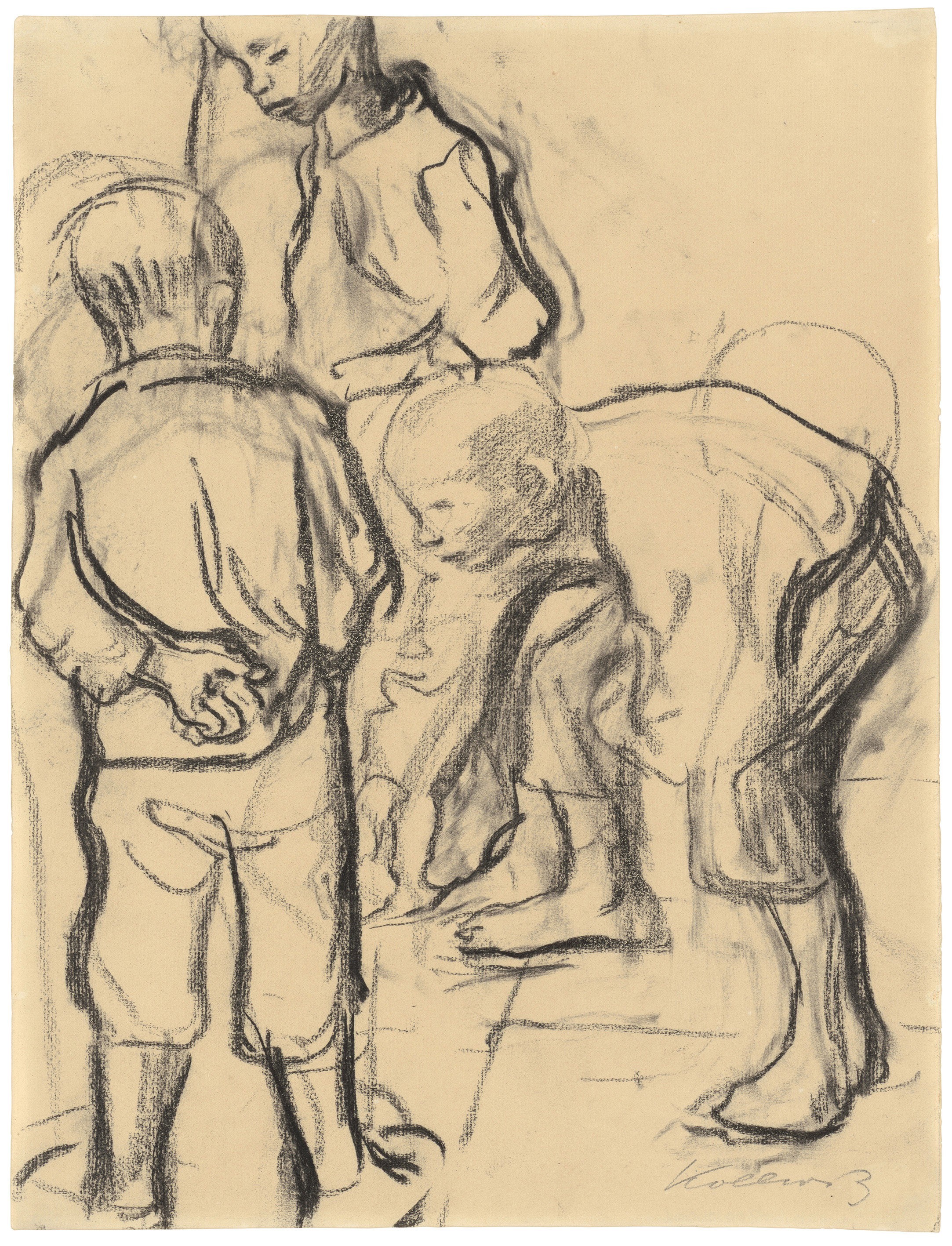 Käthe Kollwitz, Three Boys playing Marbles, 1909/10, black chalk, 405 x 313 mm, NT 582, Kollwitz Museum Köln, Inv. Nr. 70200/00006.