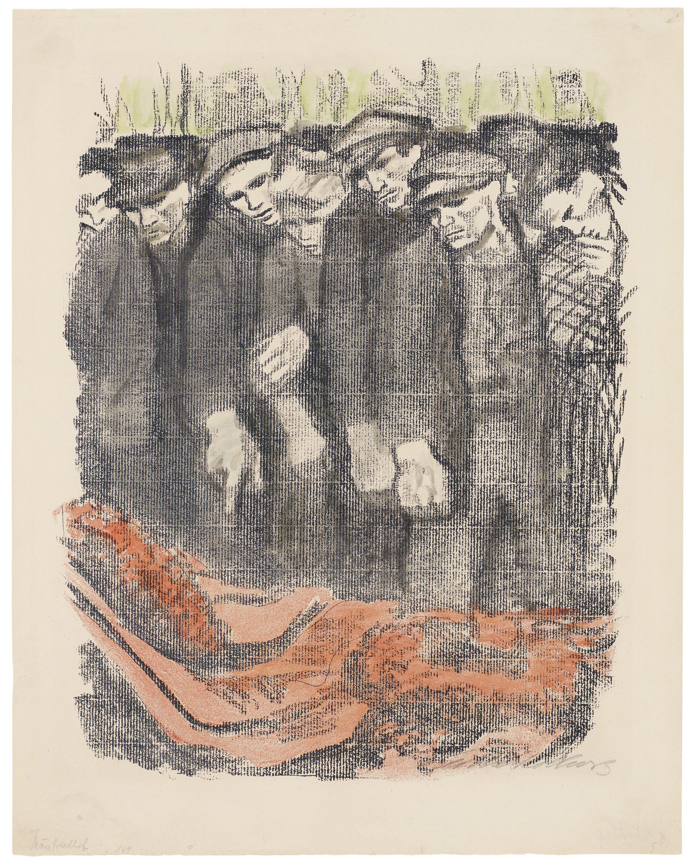 Käthe Kollwitz, March Cemetery, second version, 1913, crayon lithograph in two colors (transfer), reworked with red and green watercolour, 455 x 370 mm, Kn 128, Kollwitz Museum Köln, Inv. Nr. 70300/04011.