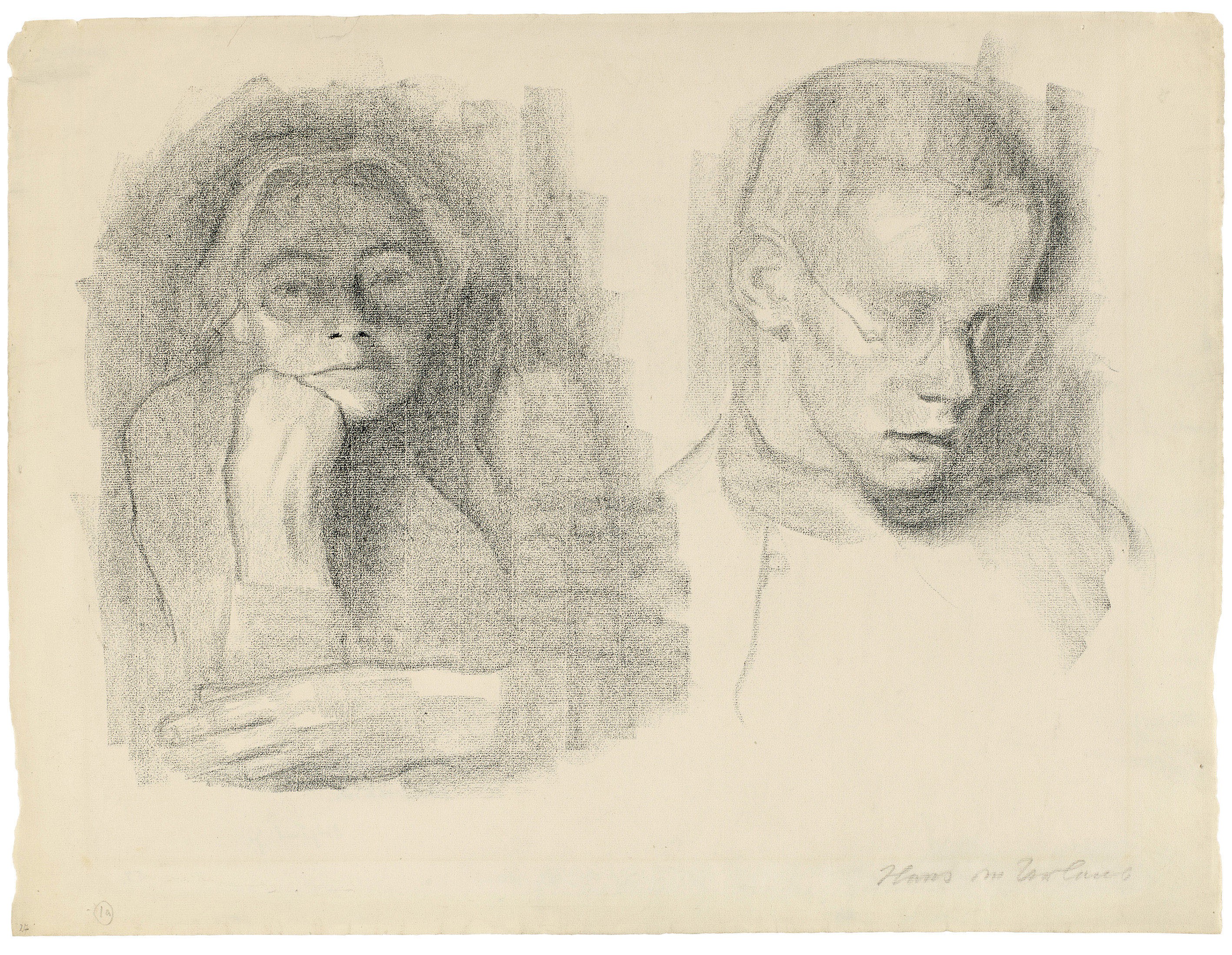 Käthe Kollwitz, Selbstbildnis mit dem Sohn Hans, 1914–16, schwarze Kreide auf Ingres-Bütten, 478 x 632 mm, NT 732, Kollwitz Museum Köln, Inv. Nr. 70200/90042.