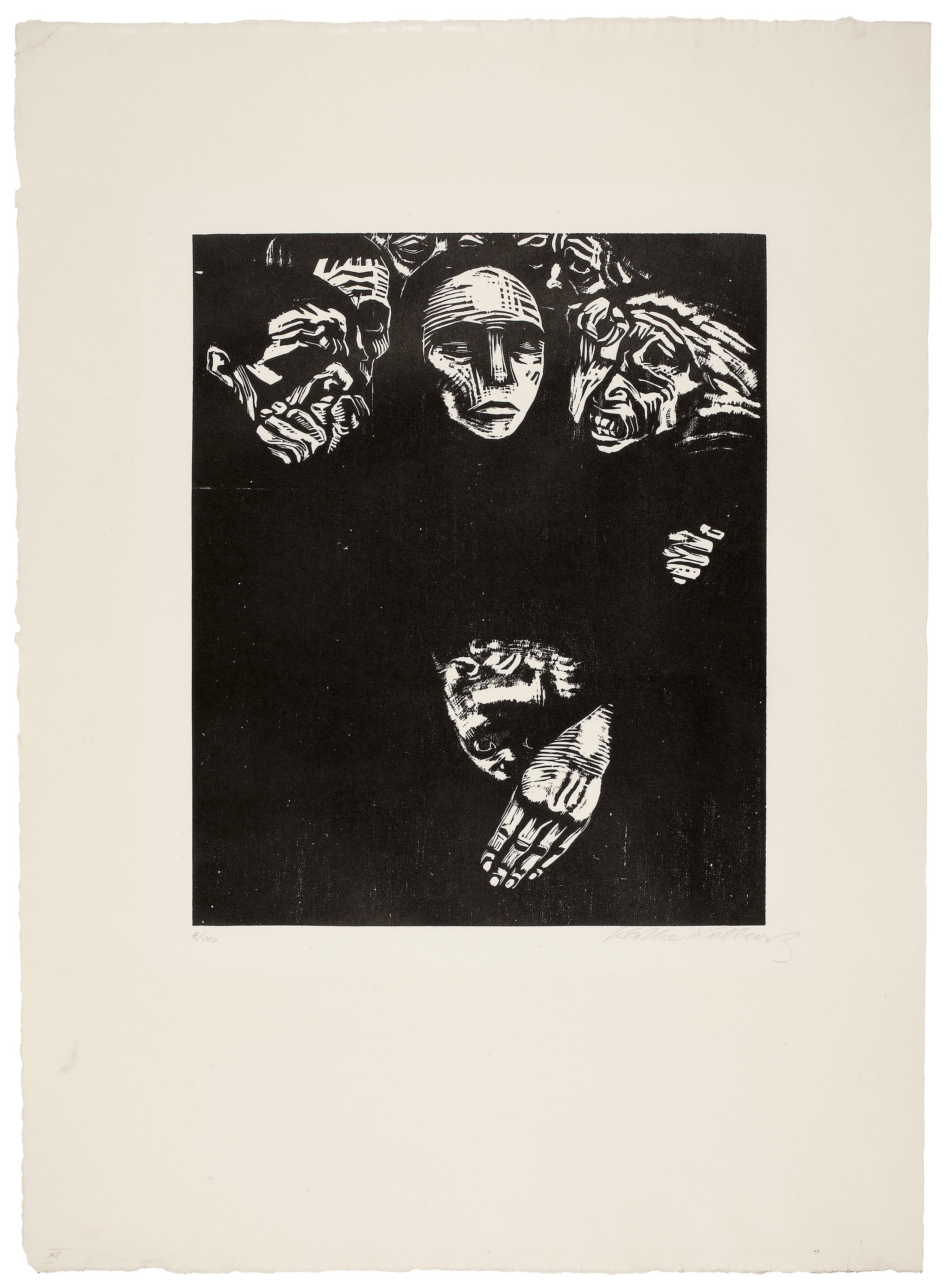 Käthe Kollwitz, The People, sheet 7 of the series »War«, 1922, woodcut, 360 x 300 mm, Kn 190 VII b, Kollwitz Museum Köln, Inv. Nr. 70300/92017.   