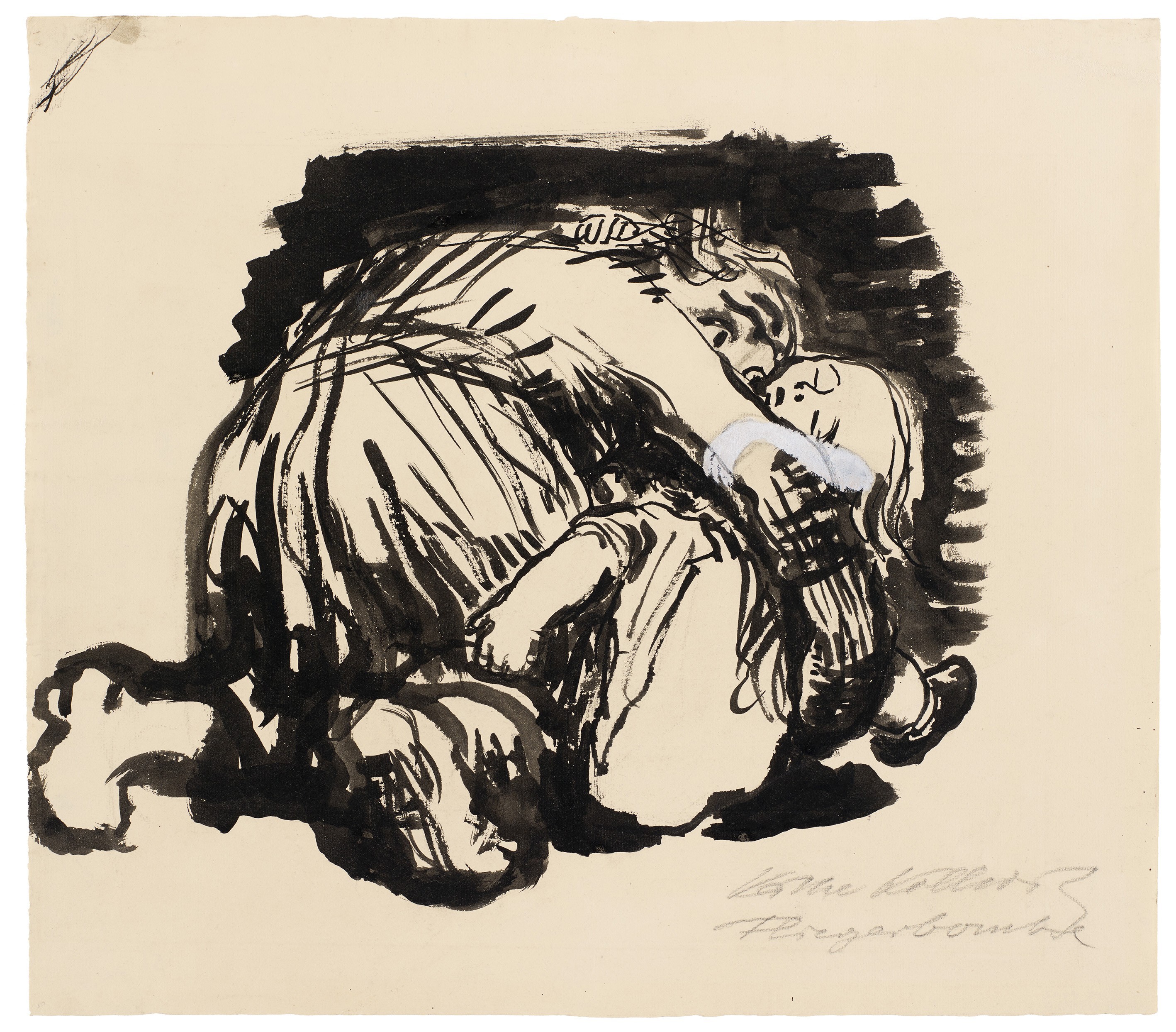 Käthe Kollwitz, Aerial Bomb, 1924/25, brush and black ink, 250 x 350 mm, NT 960, Kollwitz Museum Köln, Inv. Nr. 70200/84012.