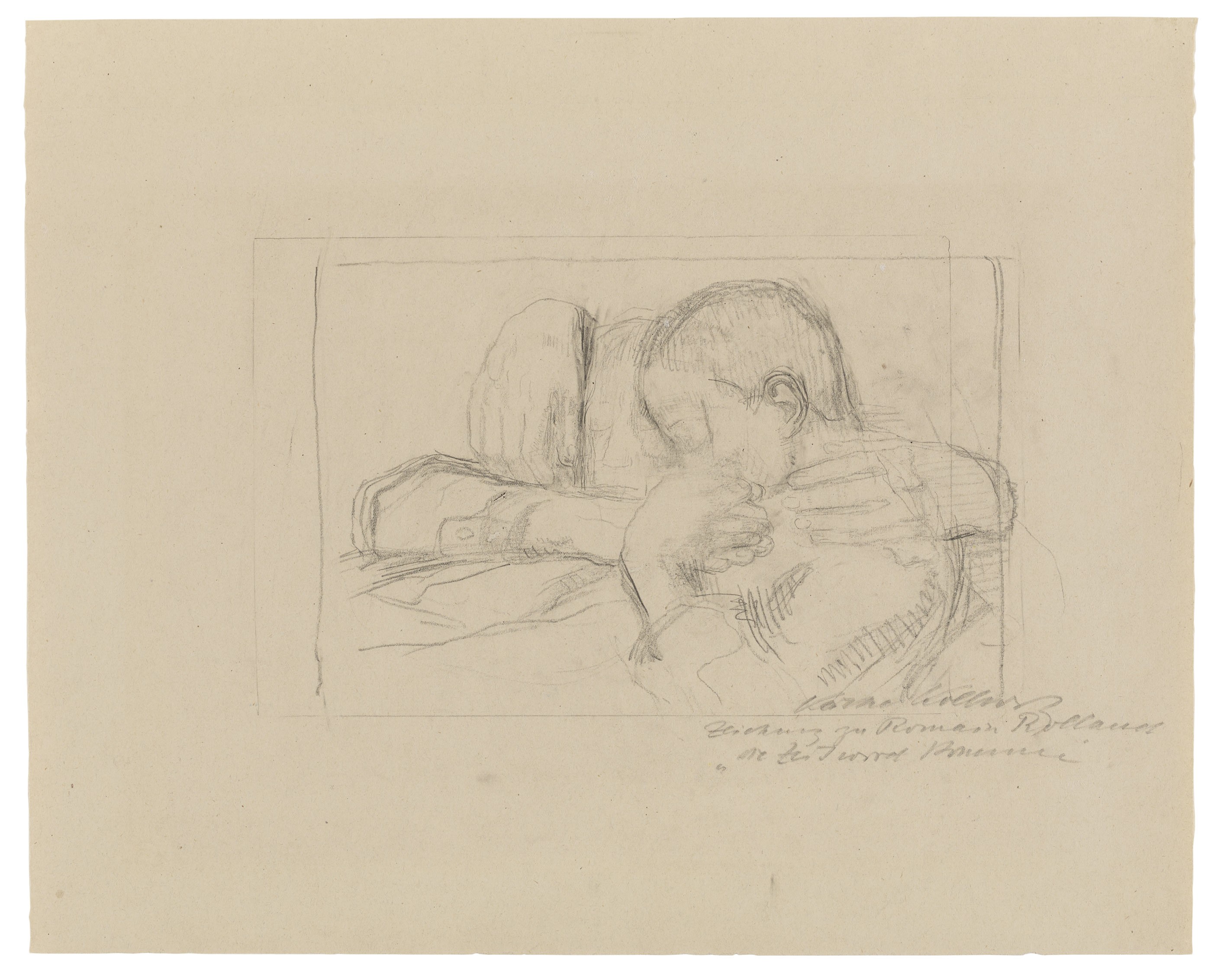 Käthe Kollwitz, Zwei Tote, 1919/20, Bleistift auf faserigem Papier, 377 x 467 mm, NT (830a), Kollwitz Museum Köln, Inv. Nr. 70200/02056.